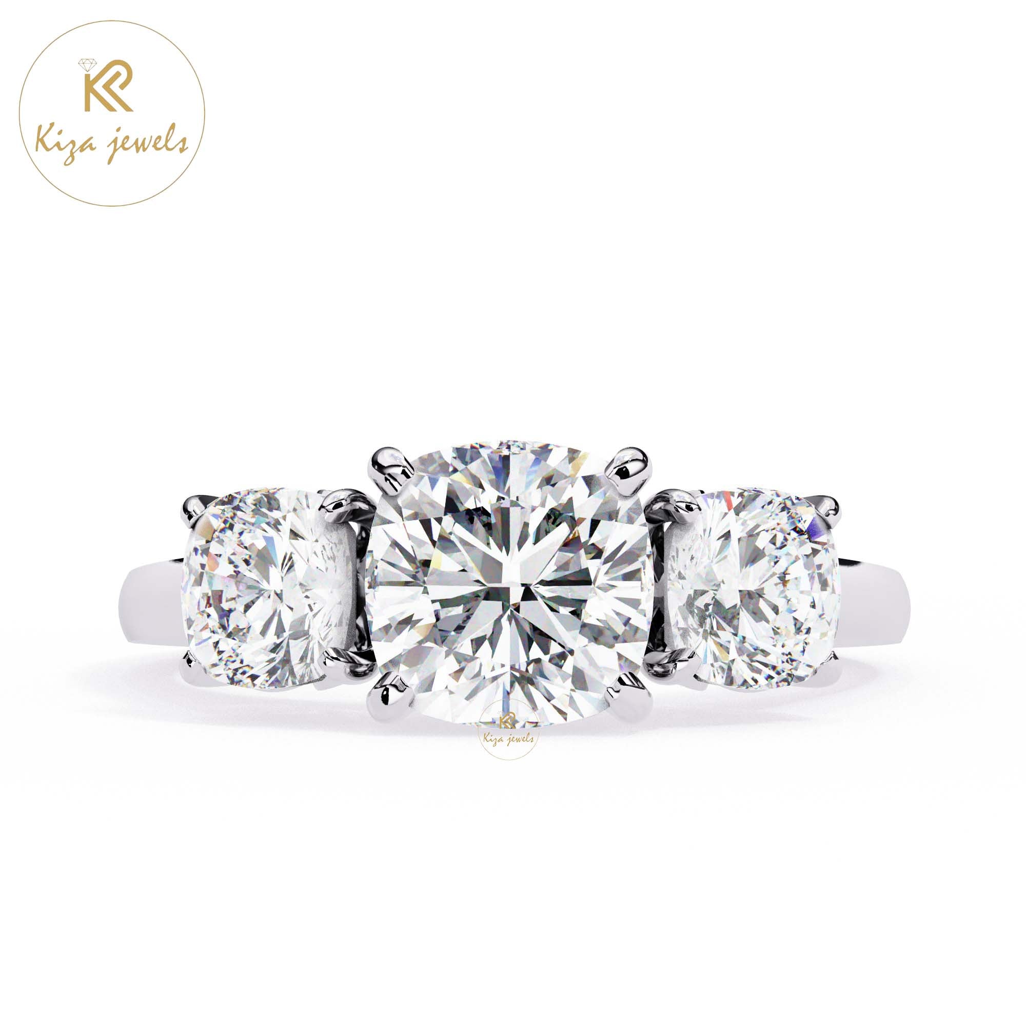 3.96 TDW Cushion Cut Women's Three Stone Diamond Ring