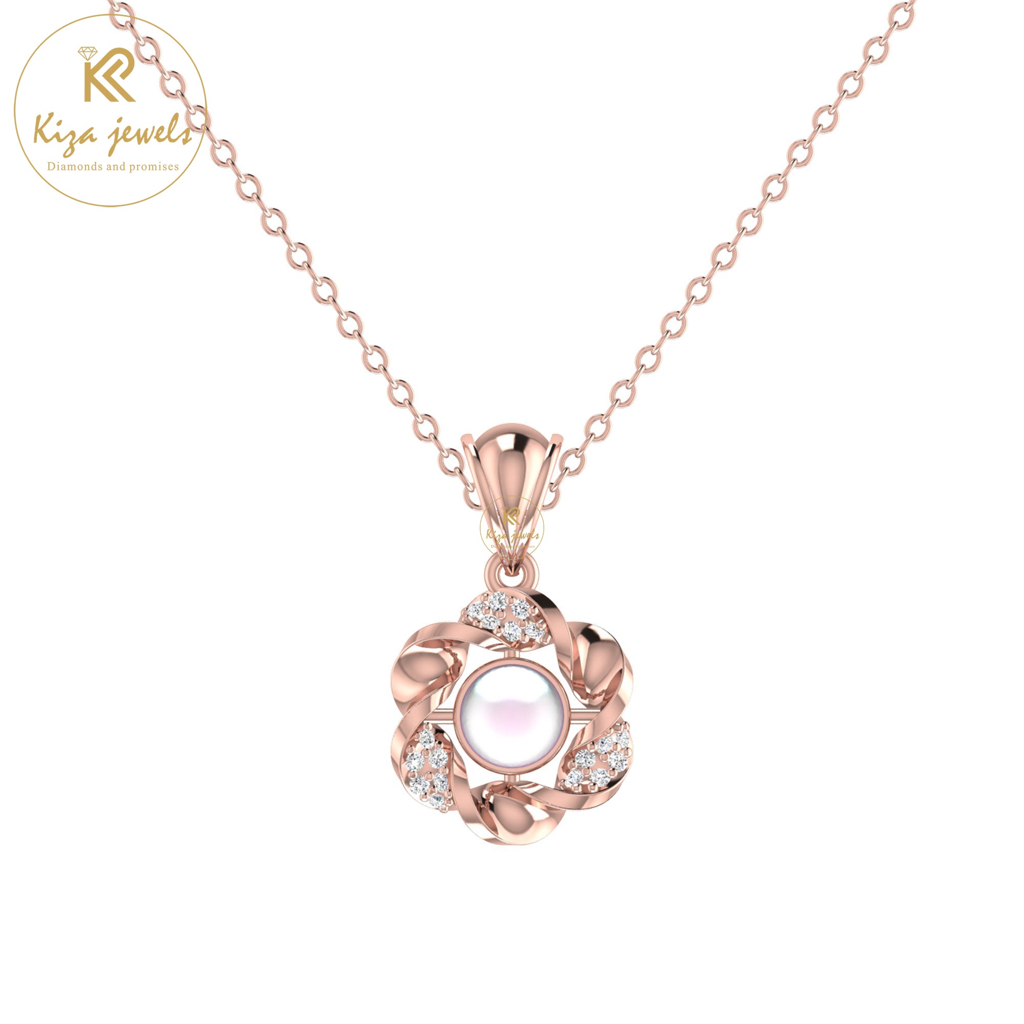 0.07 TDW Pearl & Round Cut Diamond Custom Pendant With Chain