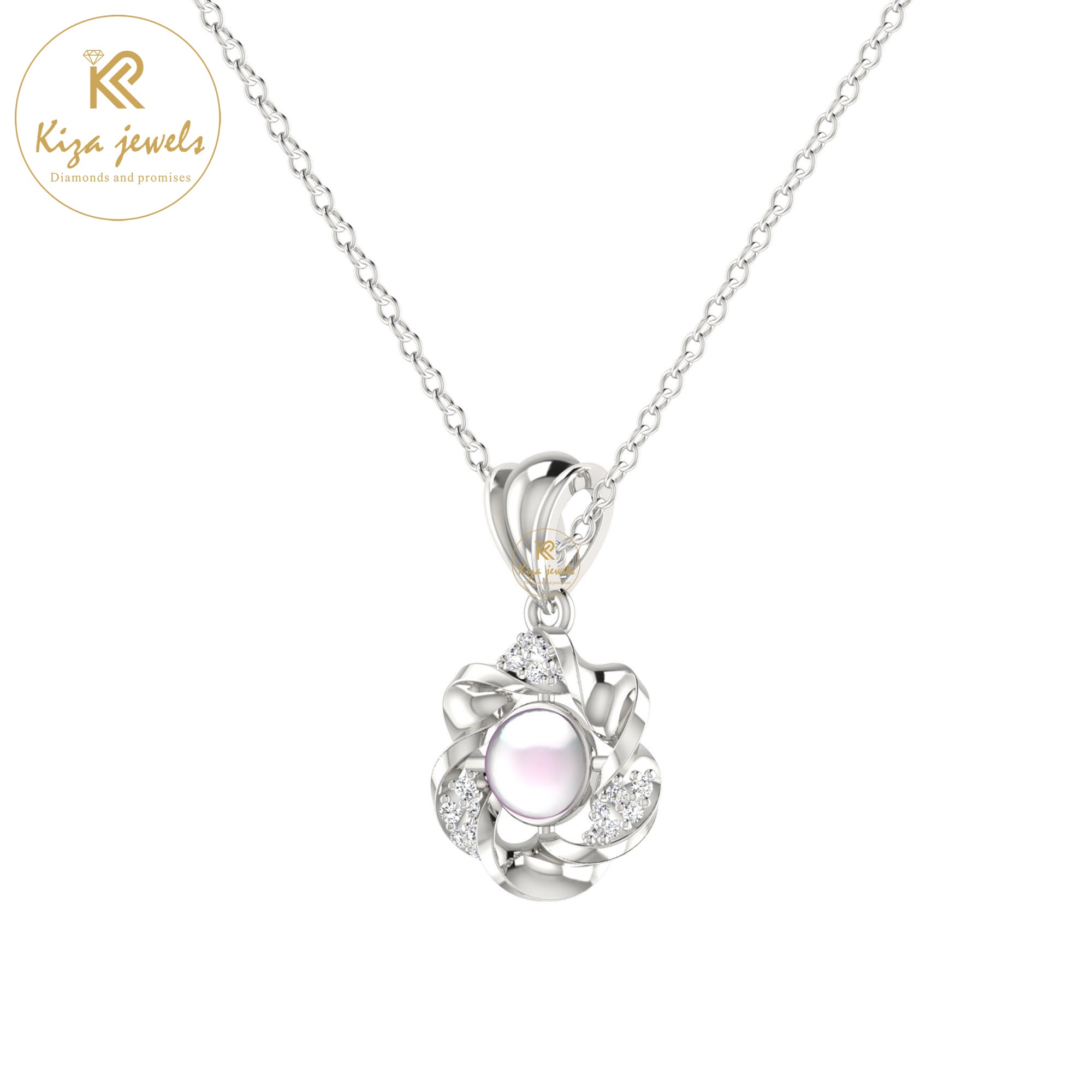 0.07 TDW Pearl & Round Cut Diamond Custom Pendant With Chain