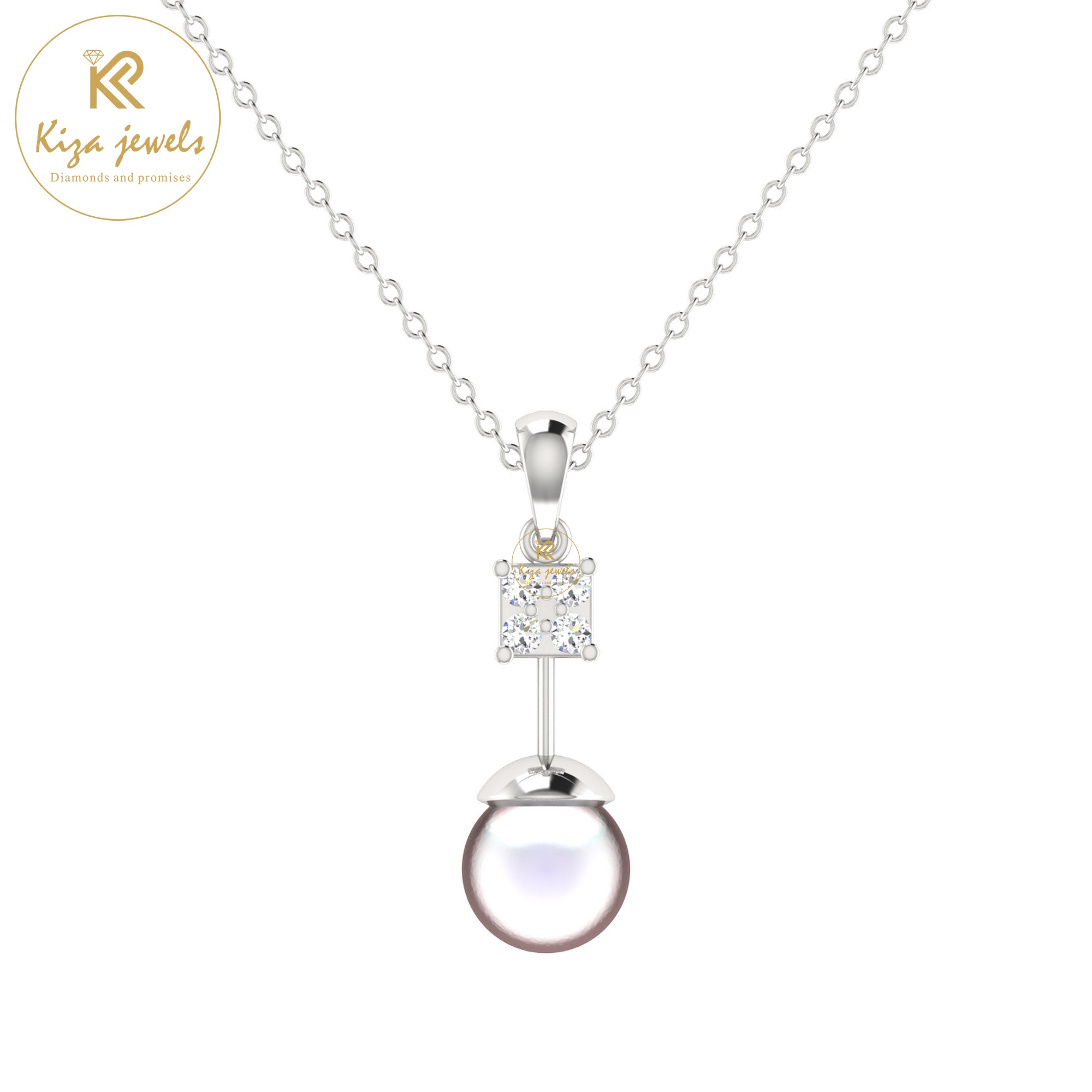 0.67 TDW Pearl & Round Cut Diamond Custom Pendant with Chain