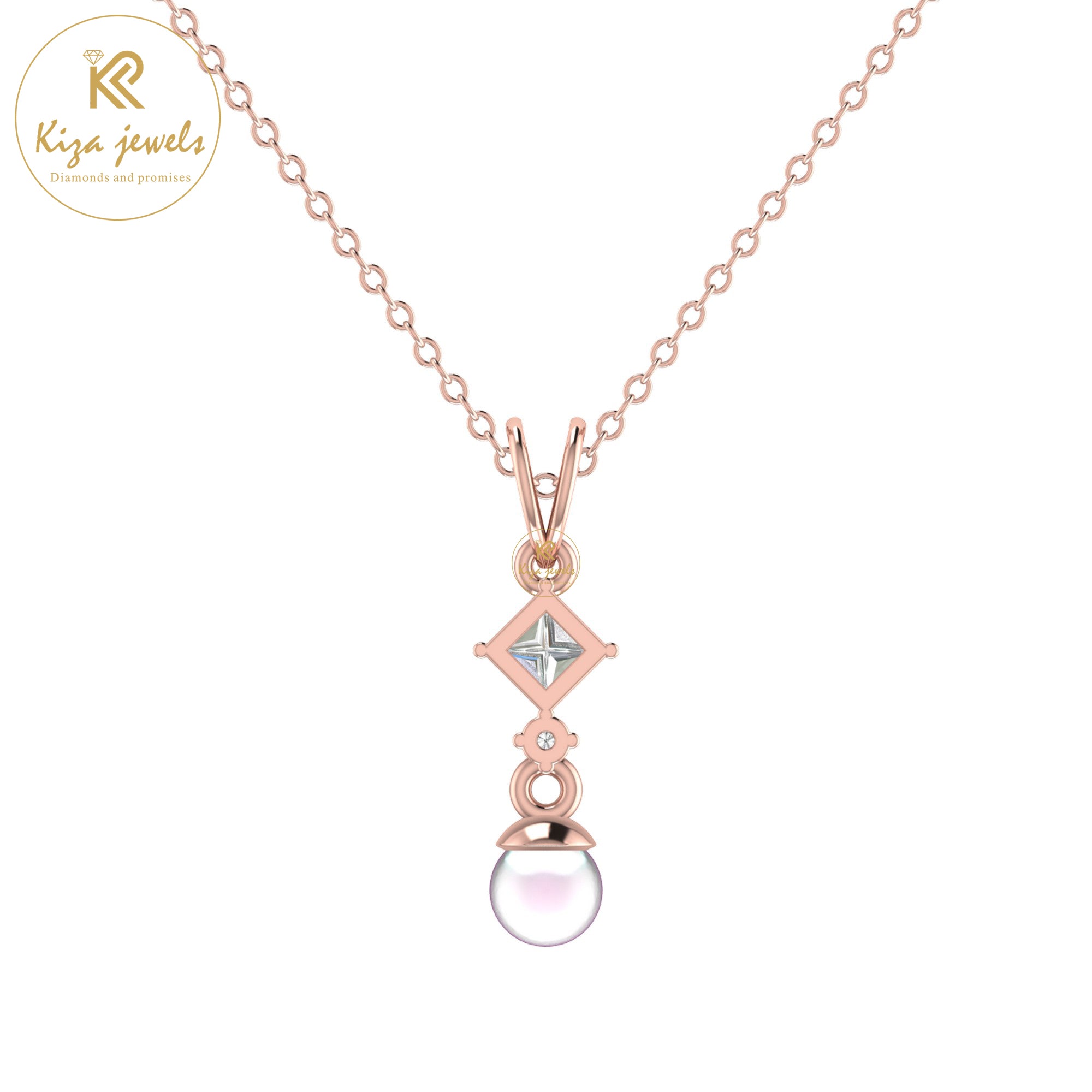 0.31 TDW Pearl & Round and Princess Cut Diamond Custom Pendant With Chain