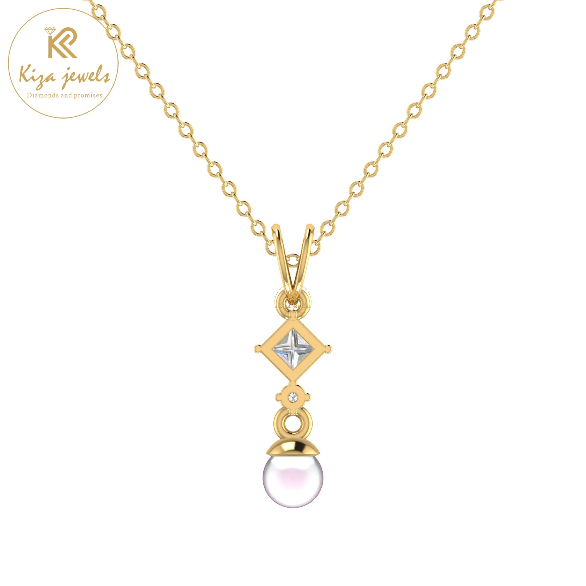 0.31 TDW Pearl & Round and Princess Cut Diamond Custom Pendant With Chain