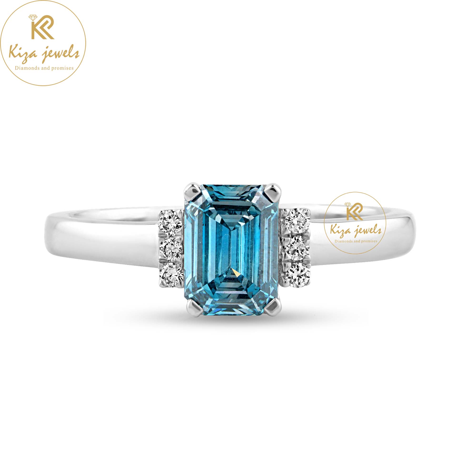 1.07 TDW Fancy Blue Emerald & Round Cut Women's Engagement Diamond Ring