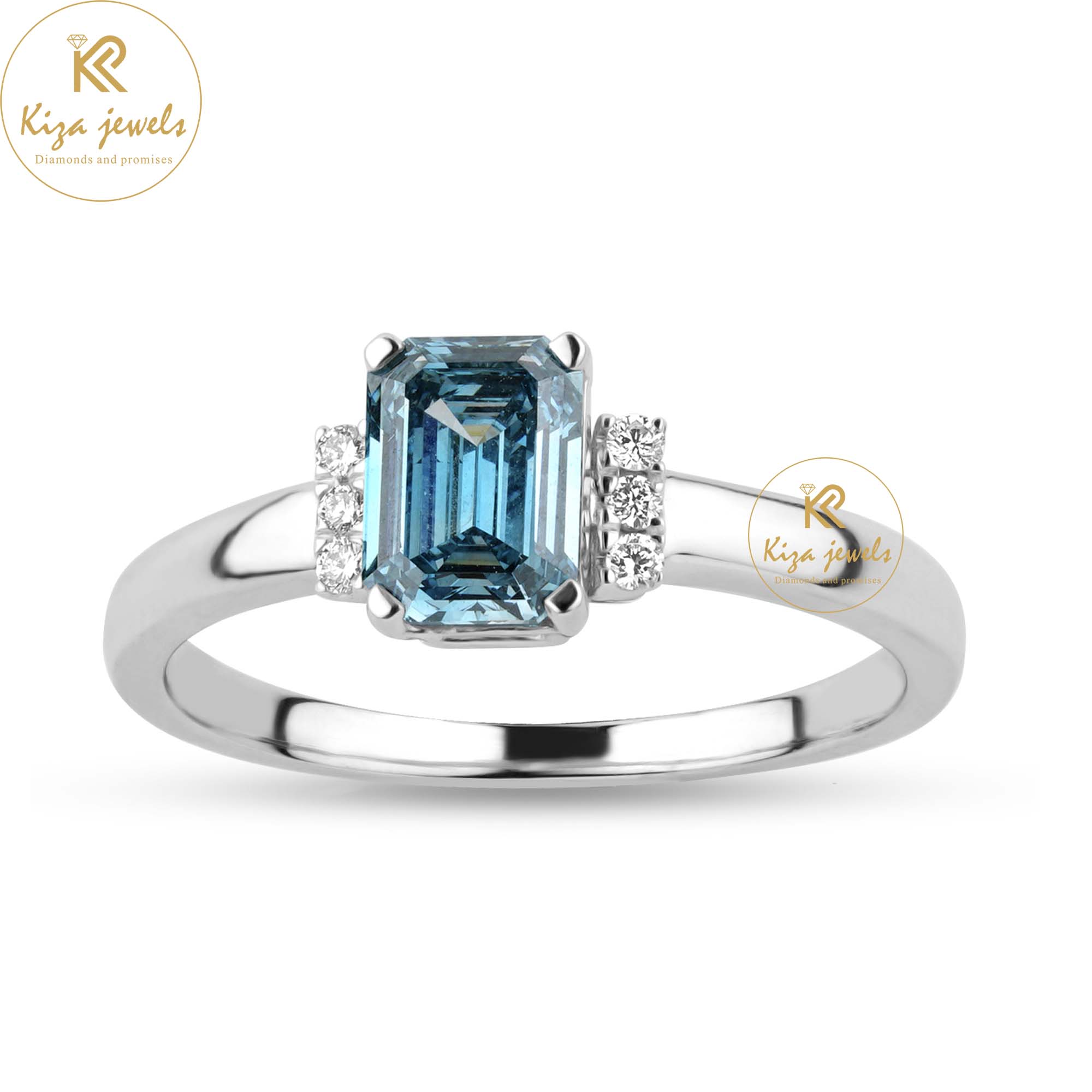 1.07 TDW Fancy Blue Emerald & Round Cut Women's Engagement Diamond Ring