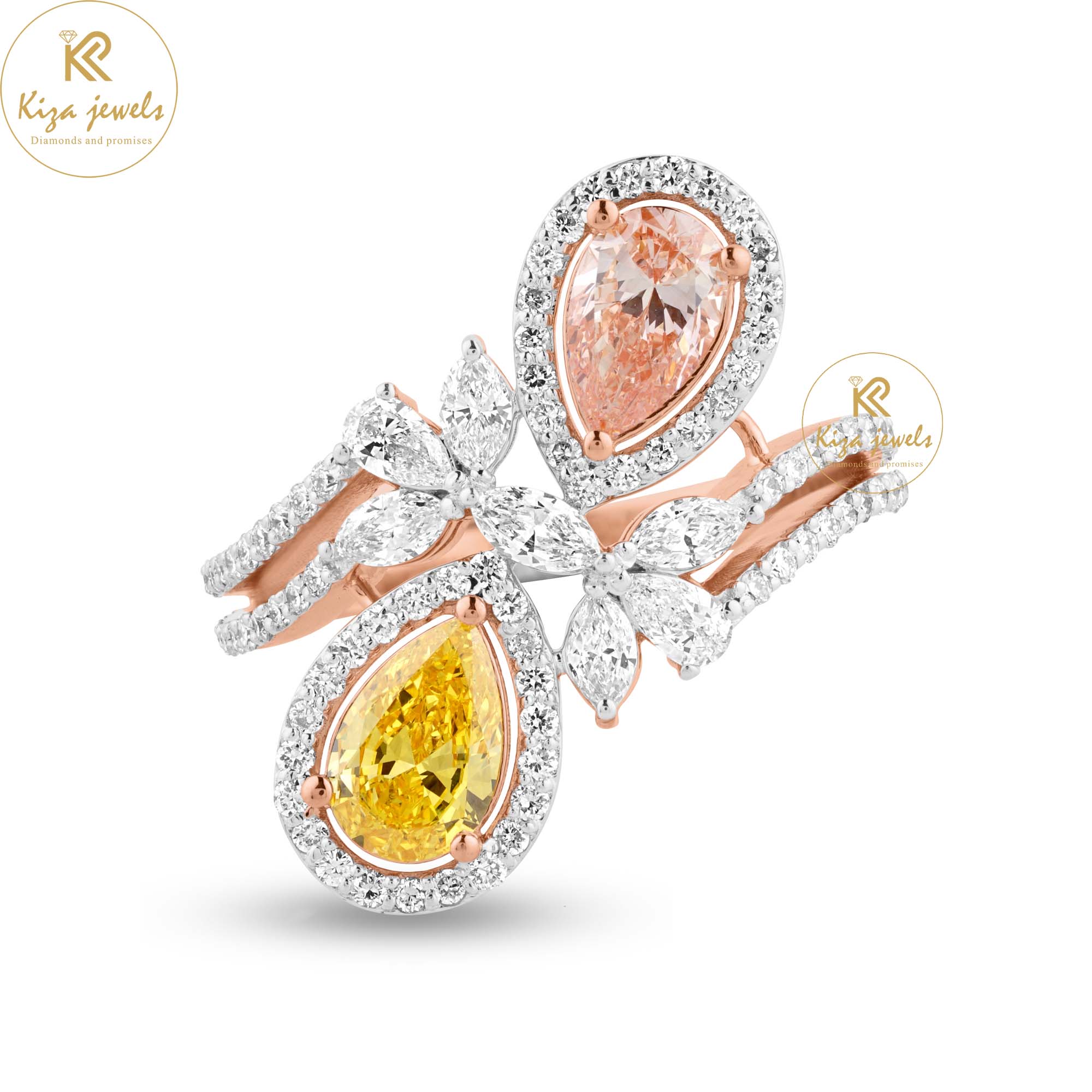 1.68 TDW Fancy pink, Fancy Yellow Pear, Marquise & Round Cut Women's Diamond Halo Ring