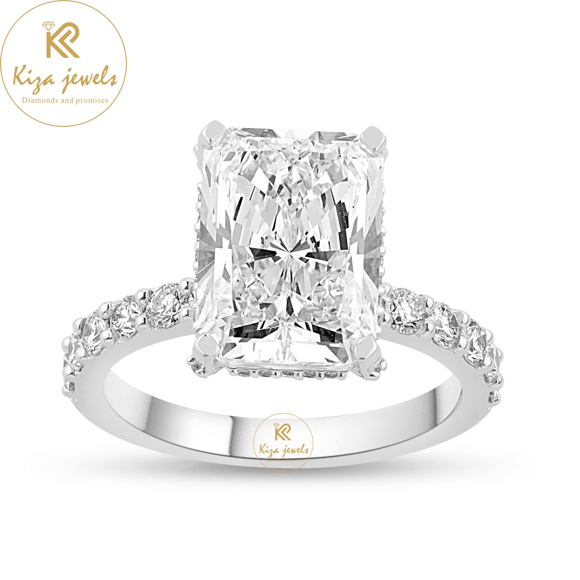 3.90 TDW Radiant & Round Cut Women's Hidden Halo Diamond Ring