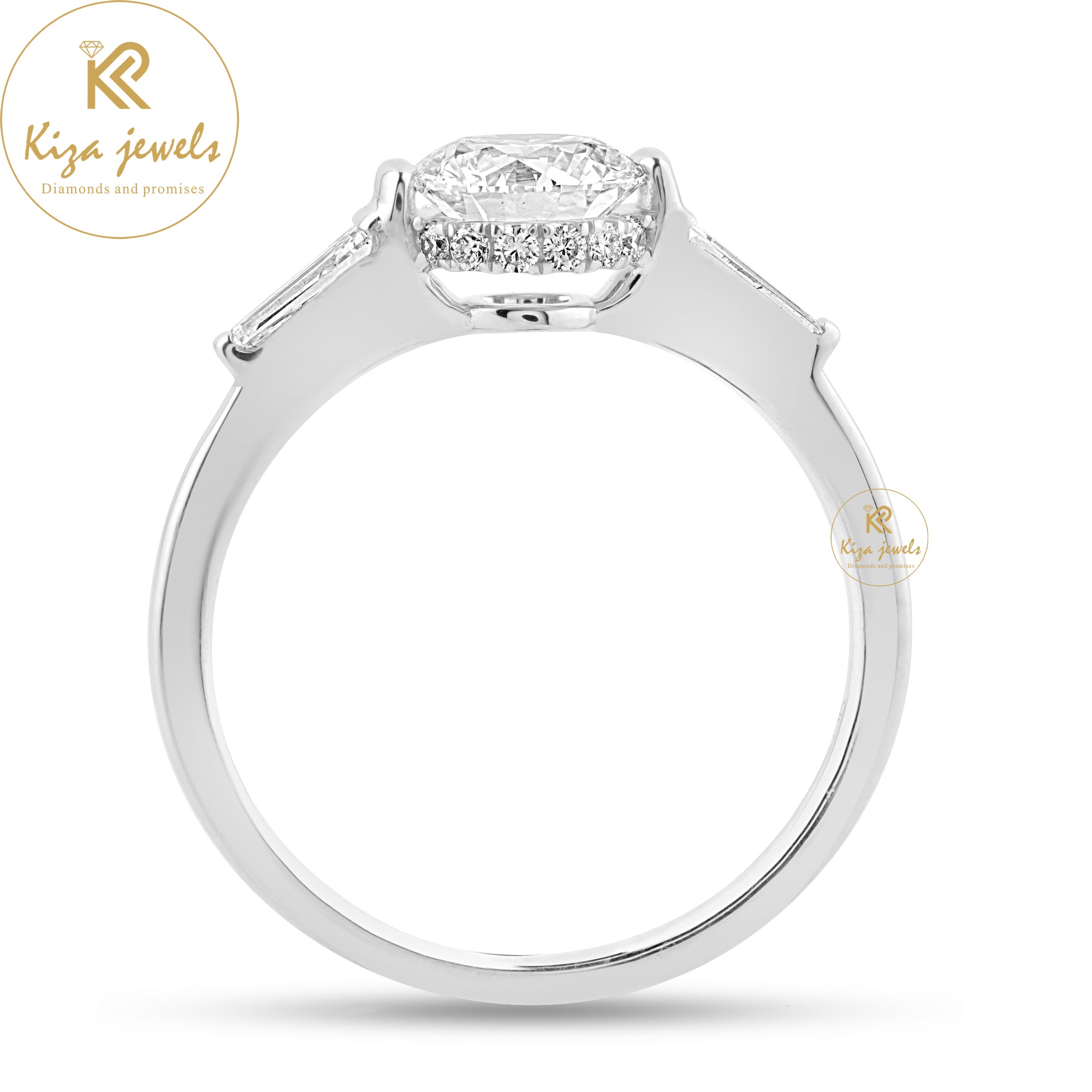 1.346 TDW Round & Baguette Cut Women's Halo Diamond Ring