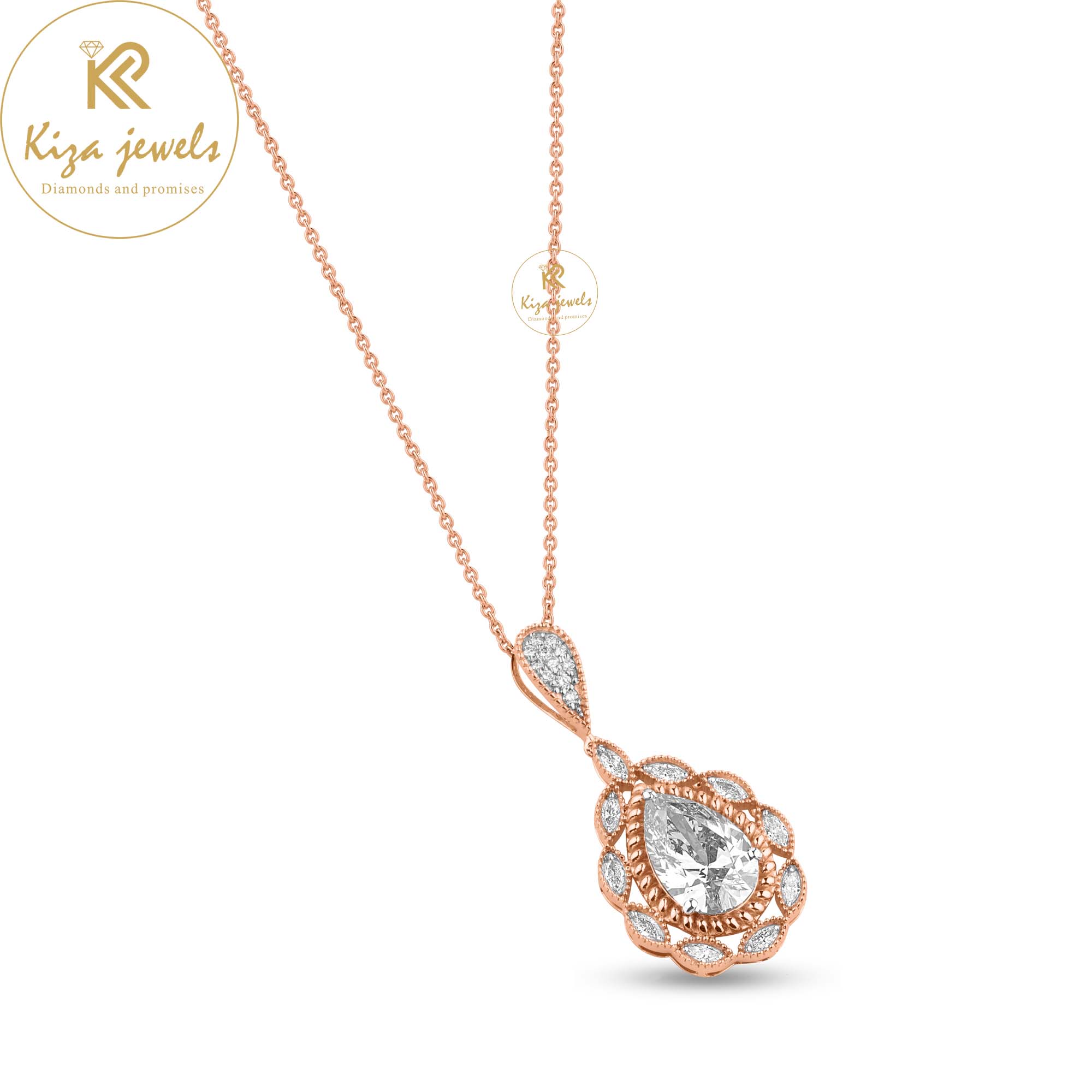 7.414 TDW Pear, Marquise & Round Cut Diamond Pendant-Earring With Chain