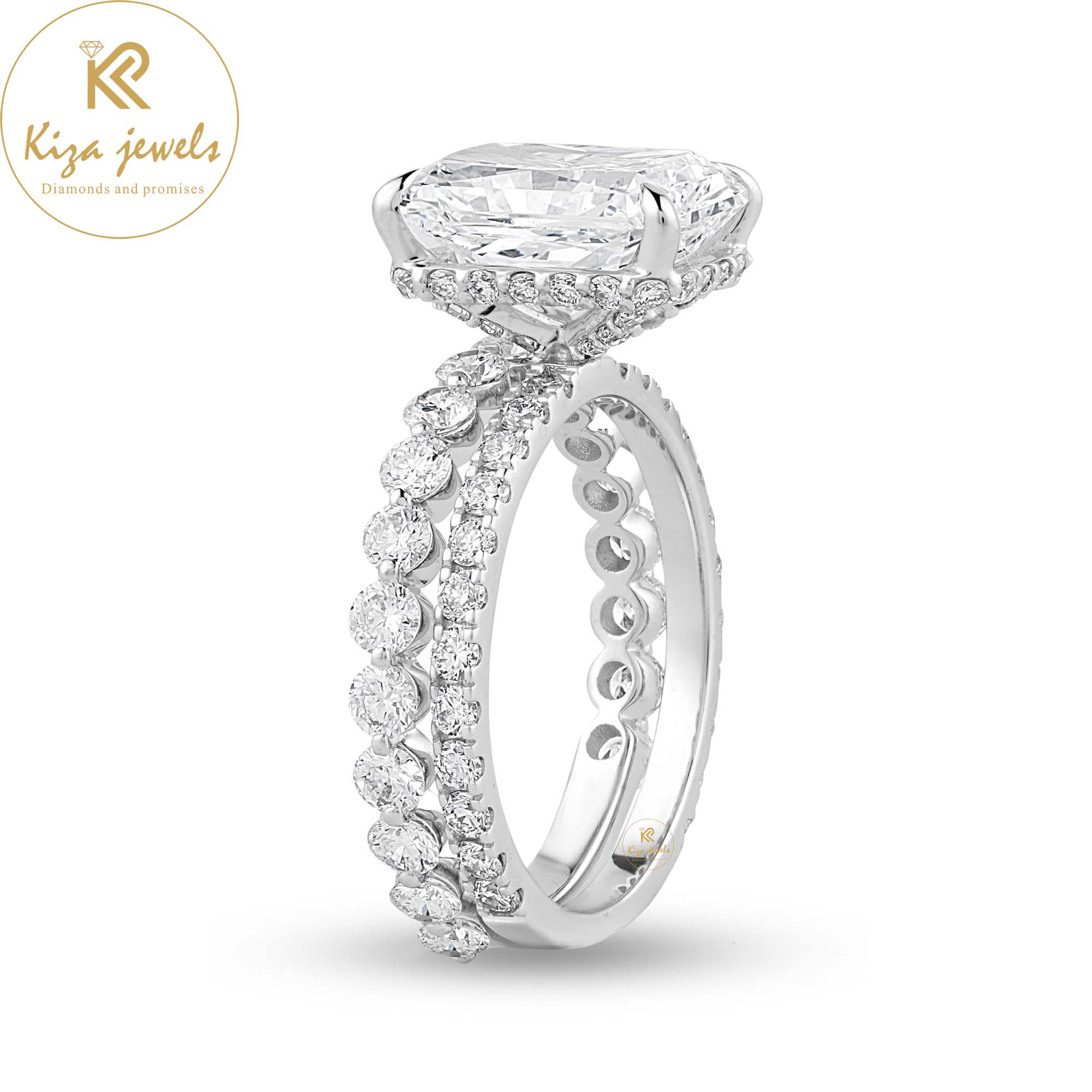 3.825 TDW Radiant & Round Cut Diamond Ring With band