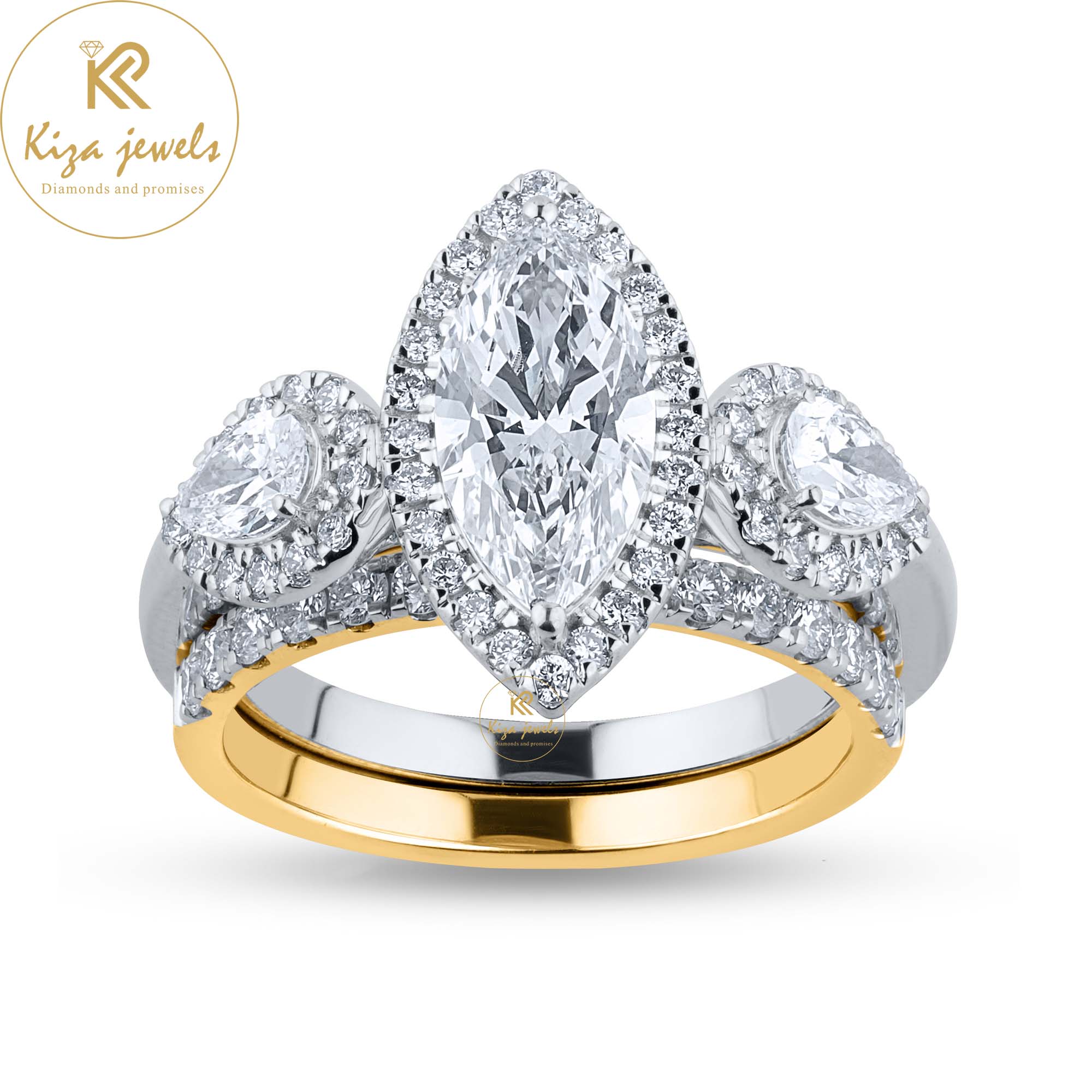 2.09TDW Marquise, Pear& Round Cut Diamond White/Yellow Gold Women's Diamond Ring with band