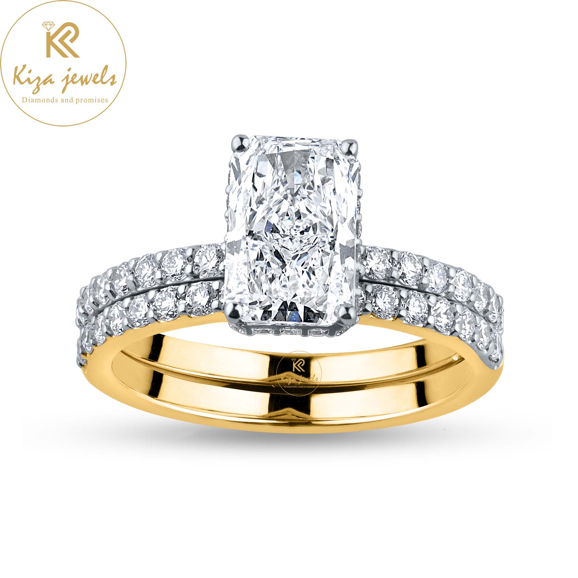 2.74TDW Radiant & Round Cut Diamond Yellow Gold Ring With Band