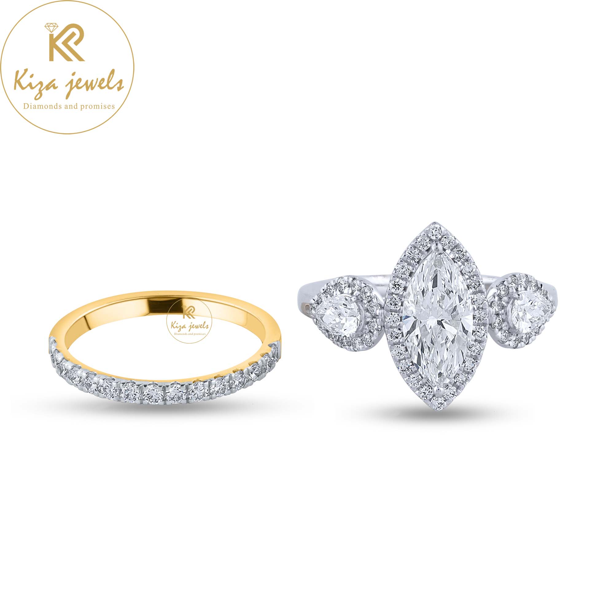 2.09TDW Marquise, Pear& Round Cut Diamond White/Yellow Gold Women's Diamond Ring with band