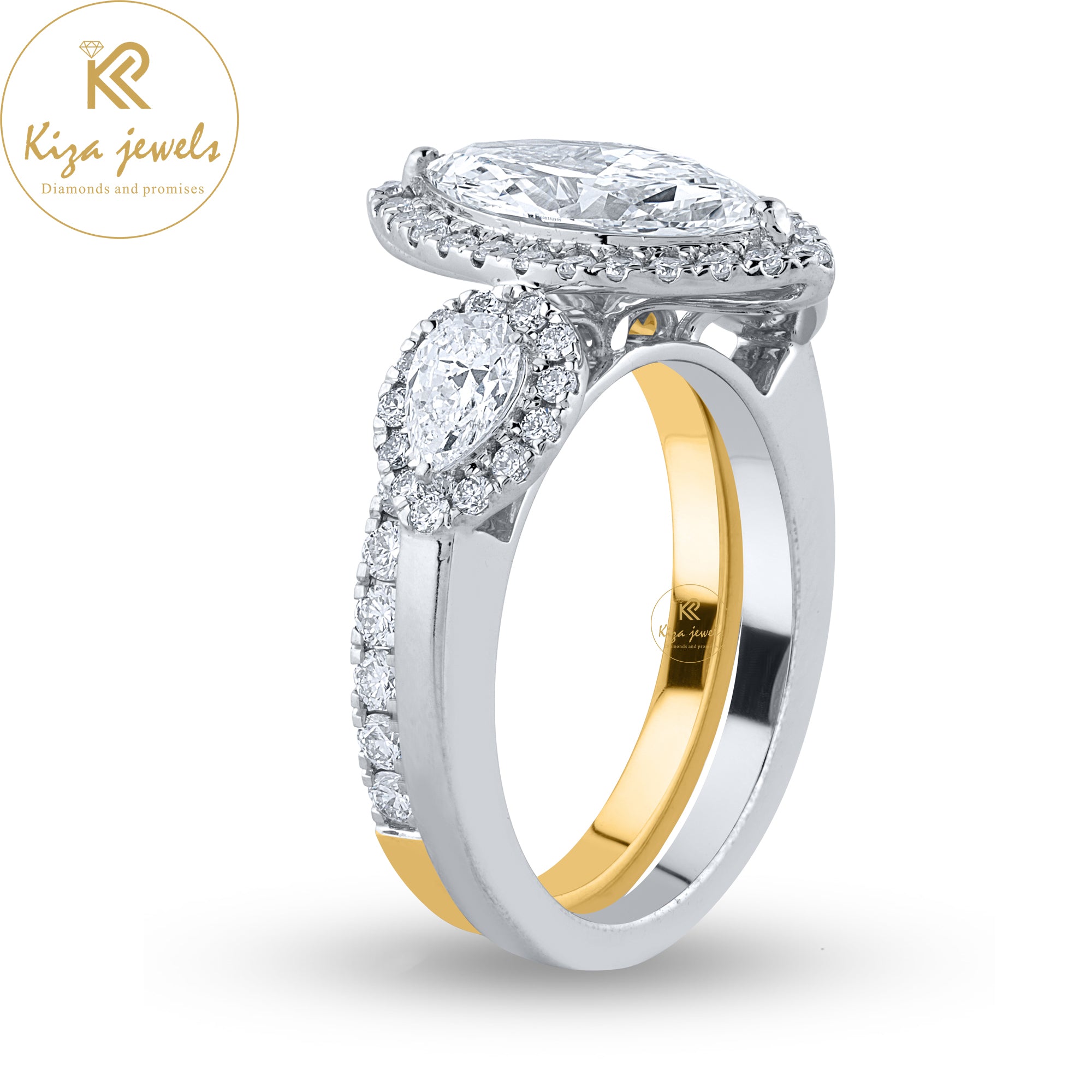 2.09TDW Marquise, Pear& Round Cut Diamond White/Yellow Gold Women's Diamond Ring with band