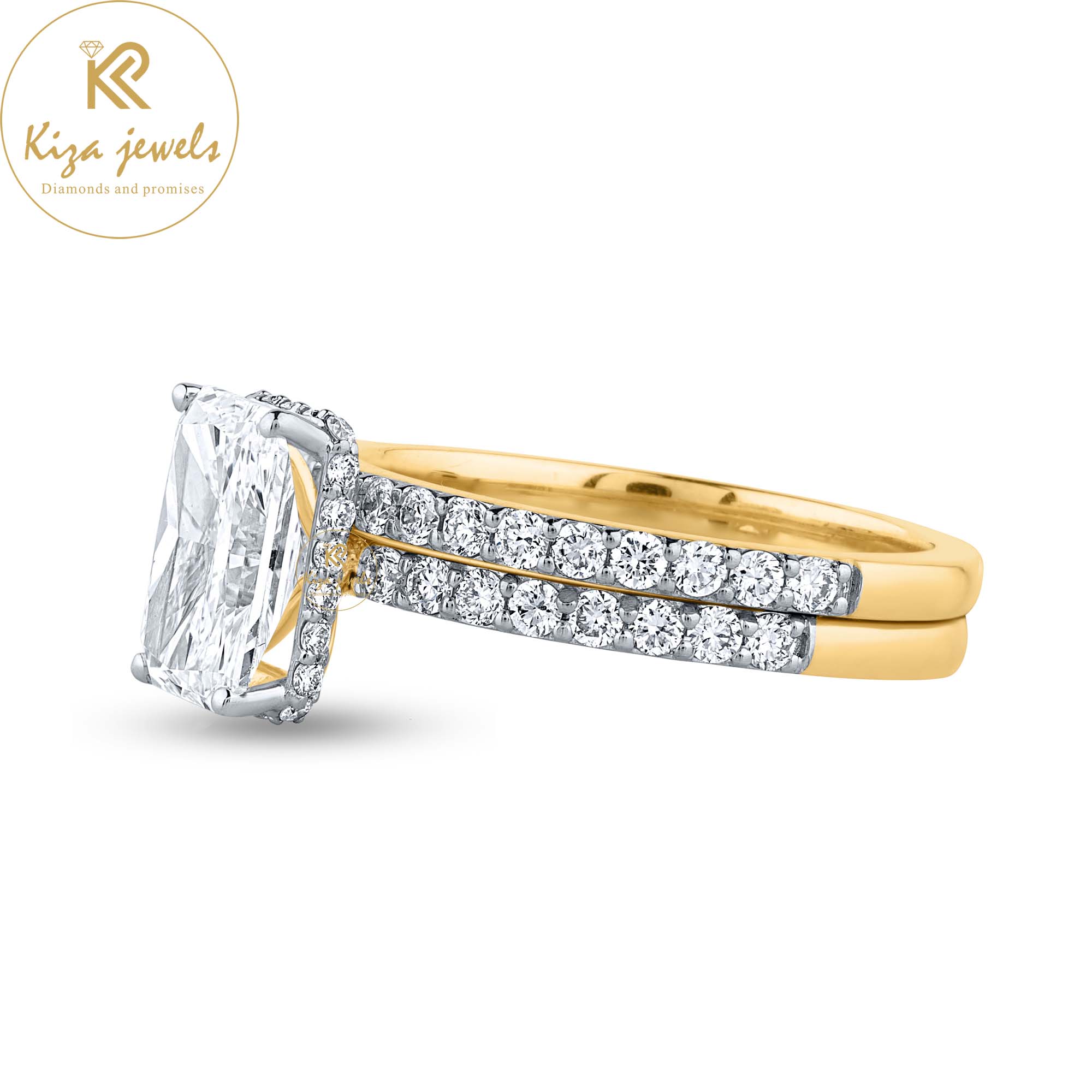 2.74TDW Radiant & Round Cut Diamond Yellow Gold Ring With Band