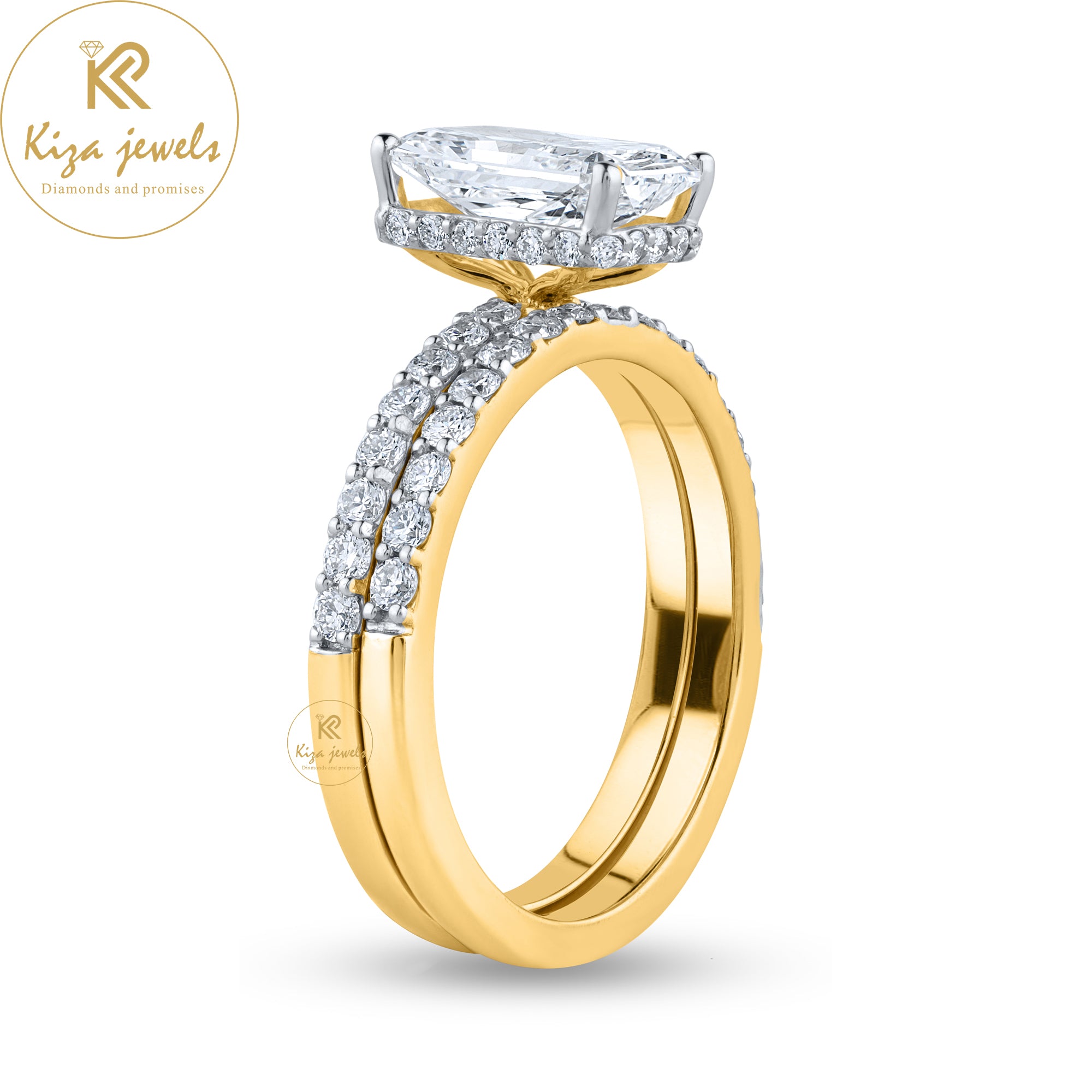 2.74TDW Radiant & Round Cut Diamond Yellow Gold Ring With Band