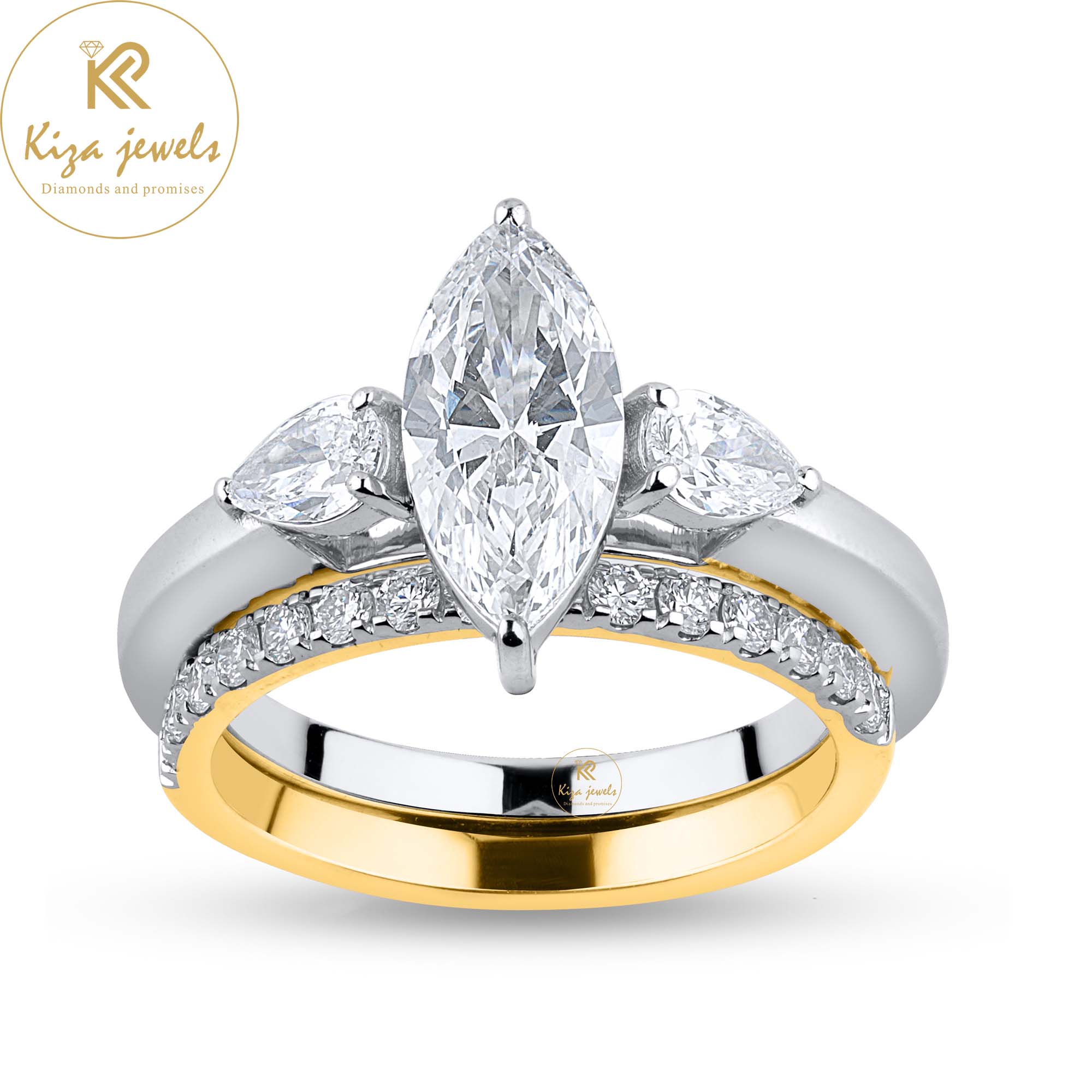 1.89TDW Marquise,Pear&Round Cut Diamond Ring With band