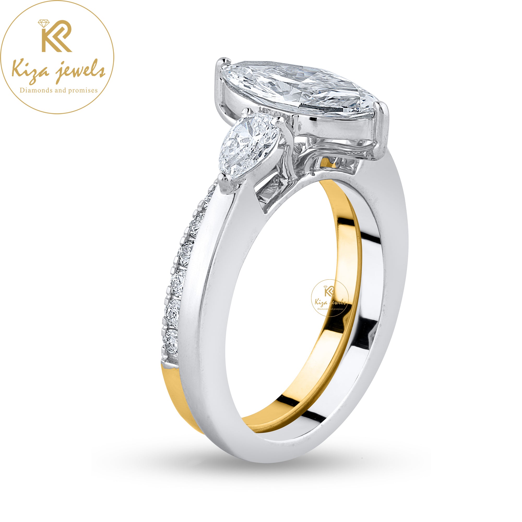 1.89TDW Marquise,Pear&Round Cut Diamond Ring With band