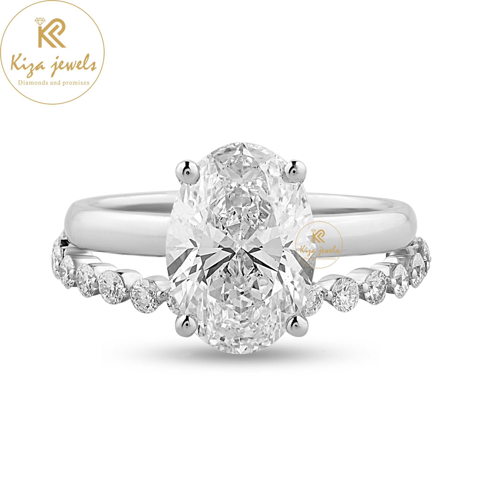 2.80 TDW Oval & Round Cut Women's Engagement Diamond Ring With Band