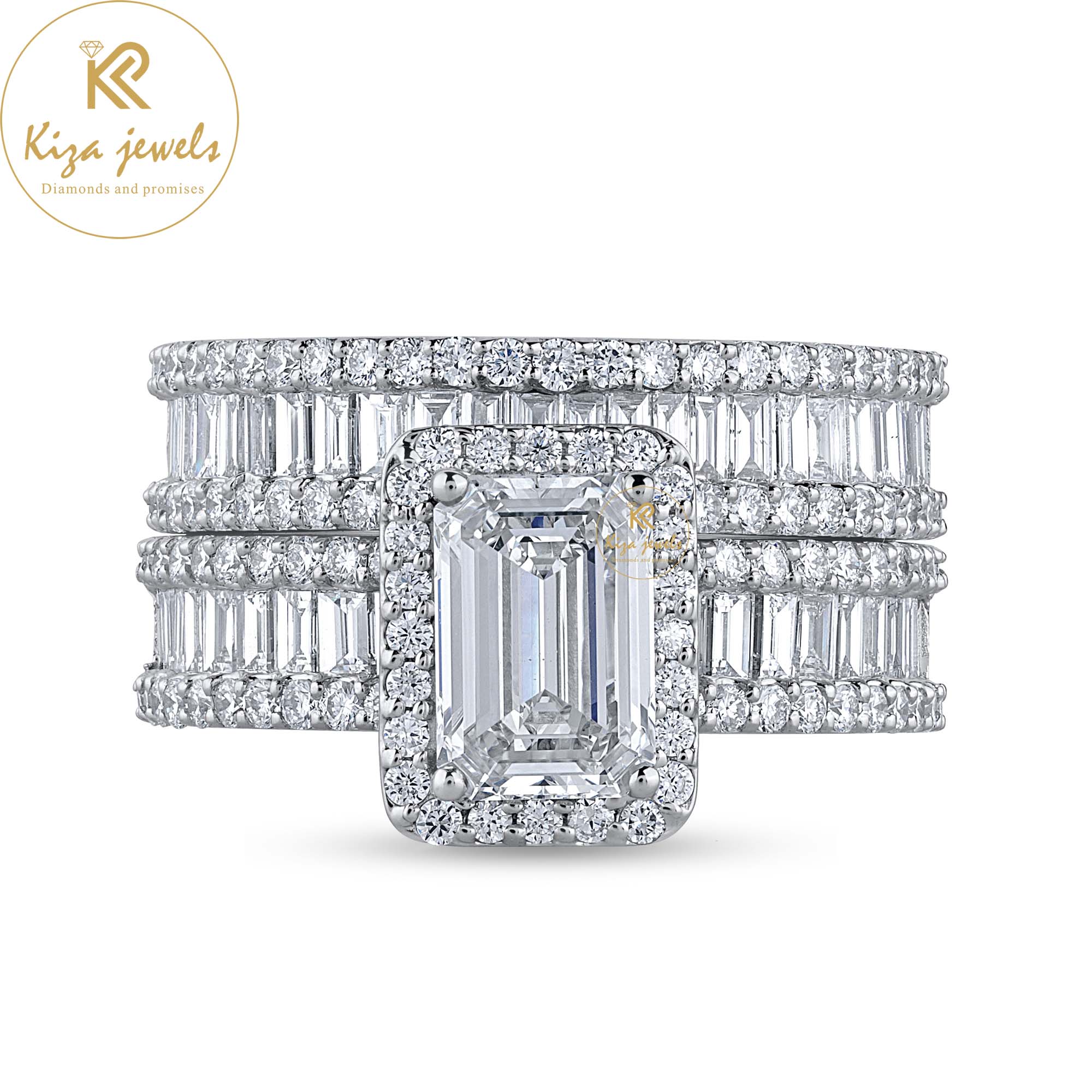 2.66 TDW Emerald ,Baguette & Round Cut Diamond White Gold Ring with Band