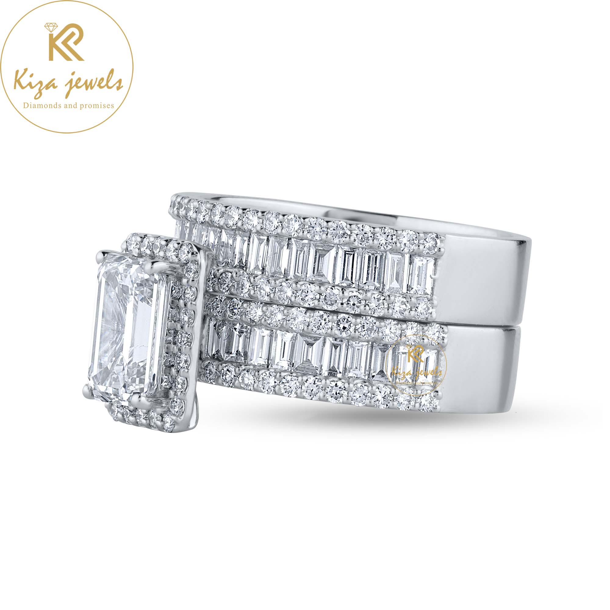 2.66 TDW Emerald ,Baguette & Round Cut Diamond White Gold Ring with Band
