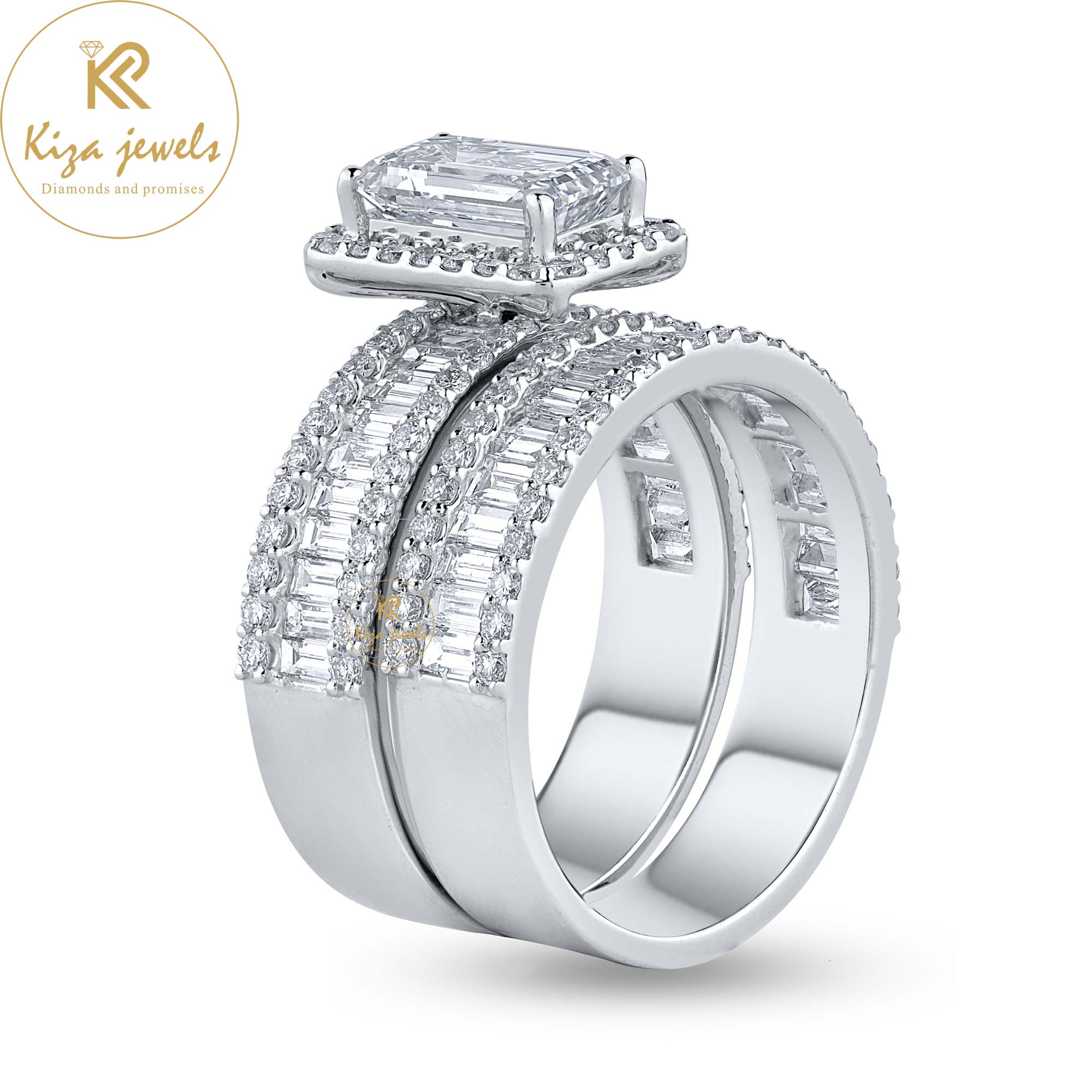 2.66 TDW Emerald ,Baguette & Round Cut Diamond White Gold Ring with Band