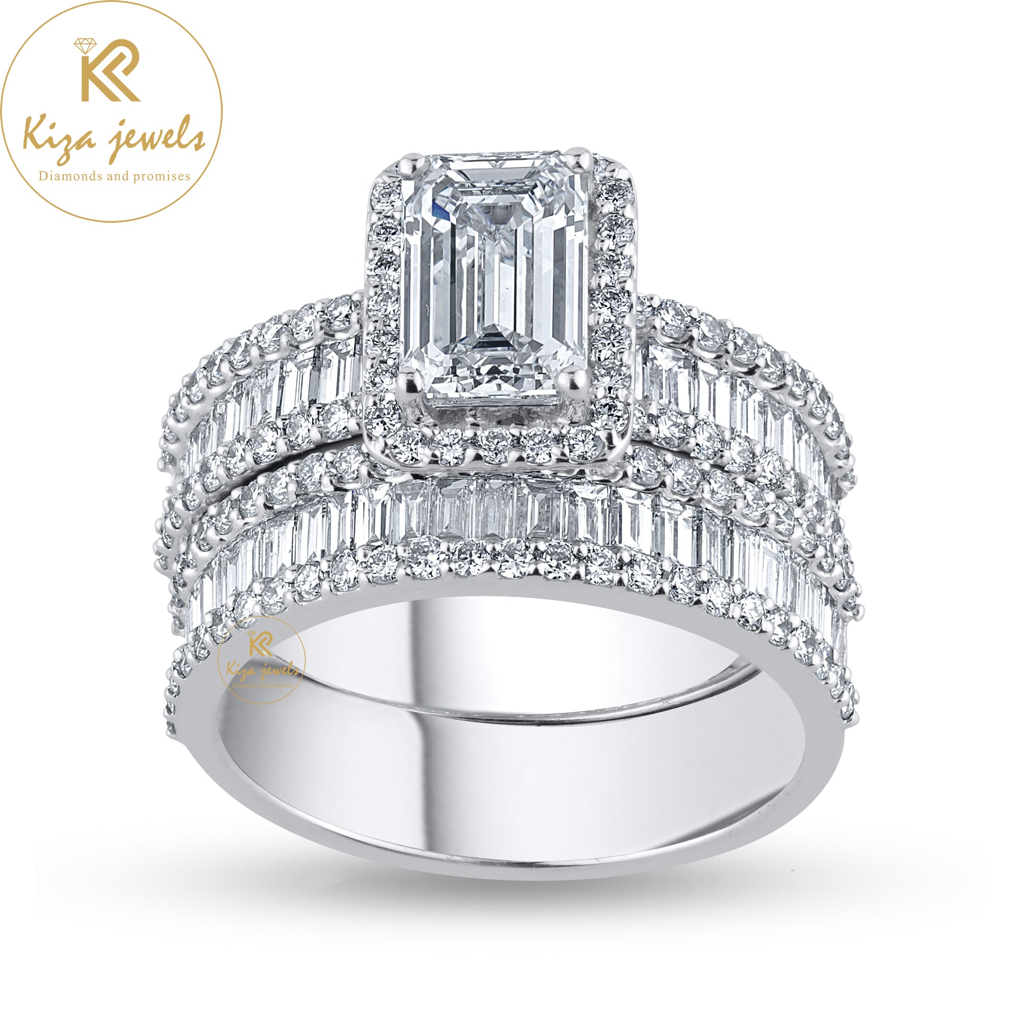 2.66 TDW Emerald ,Baguette & Round Cut Diamond White Gold Ring with Band