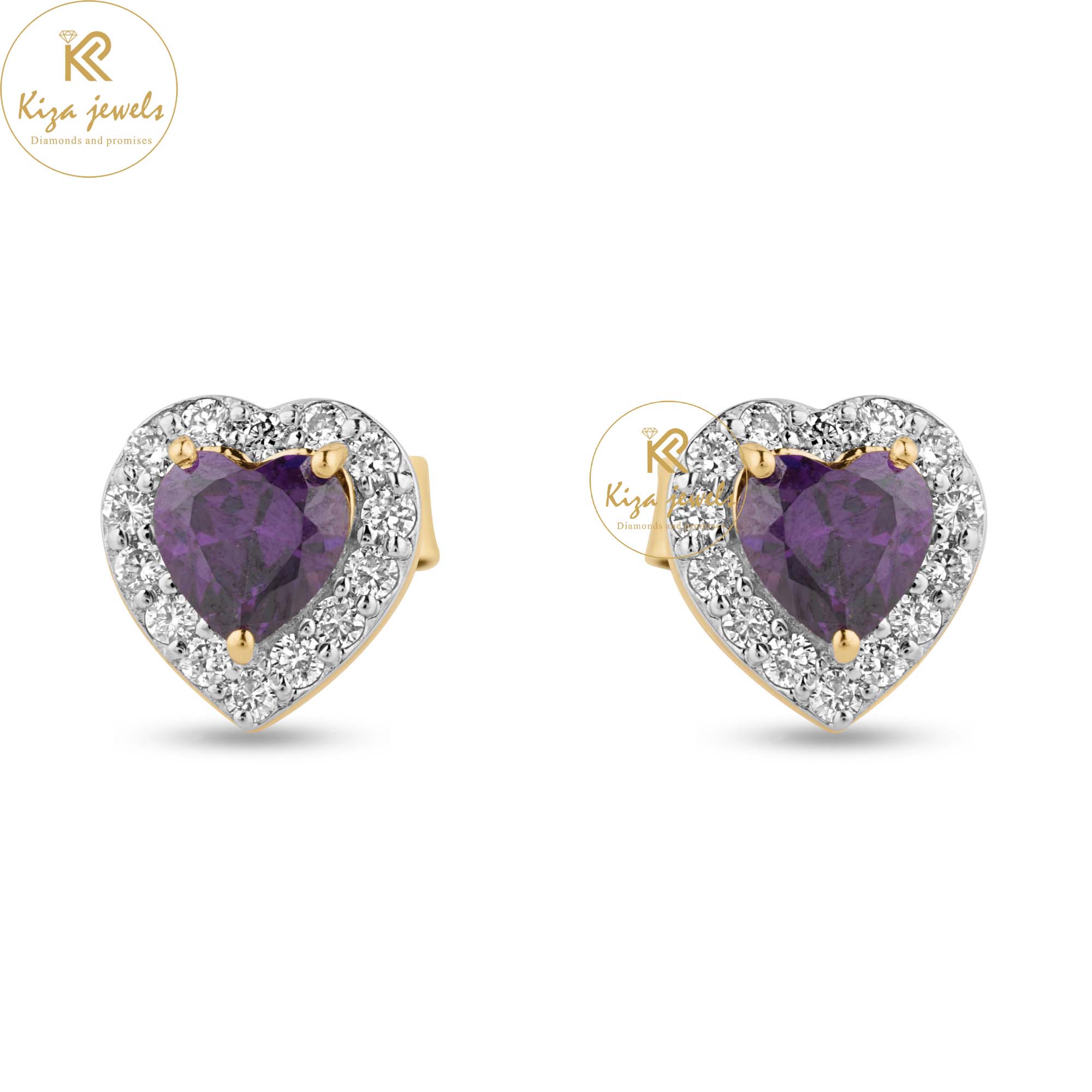 0.72 TDW F.P. Heart Gemstone & Round Cut Diamond Stud Earring