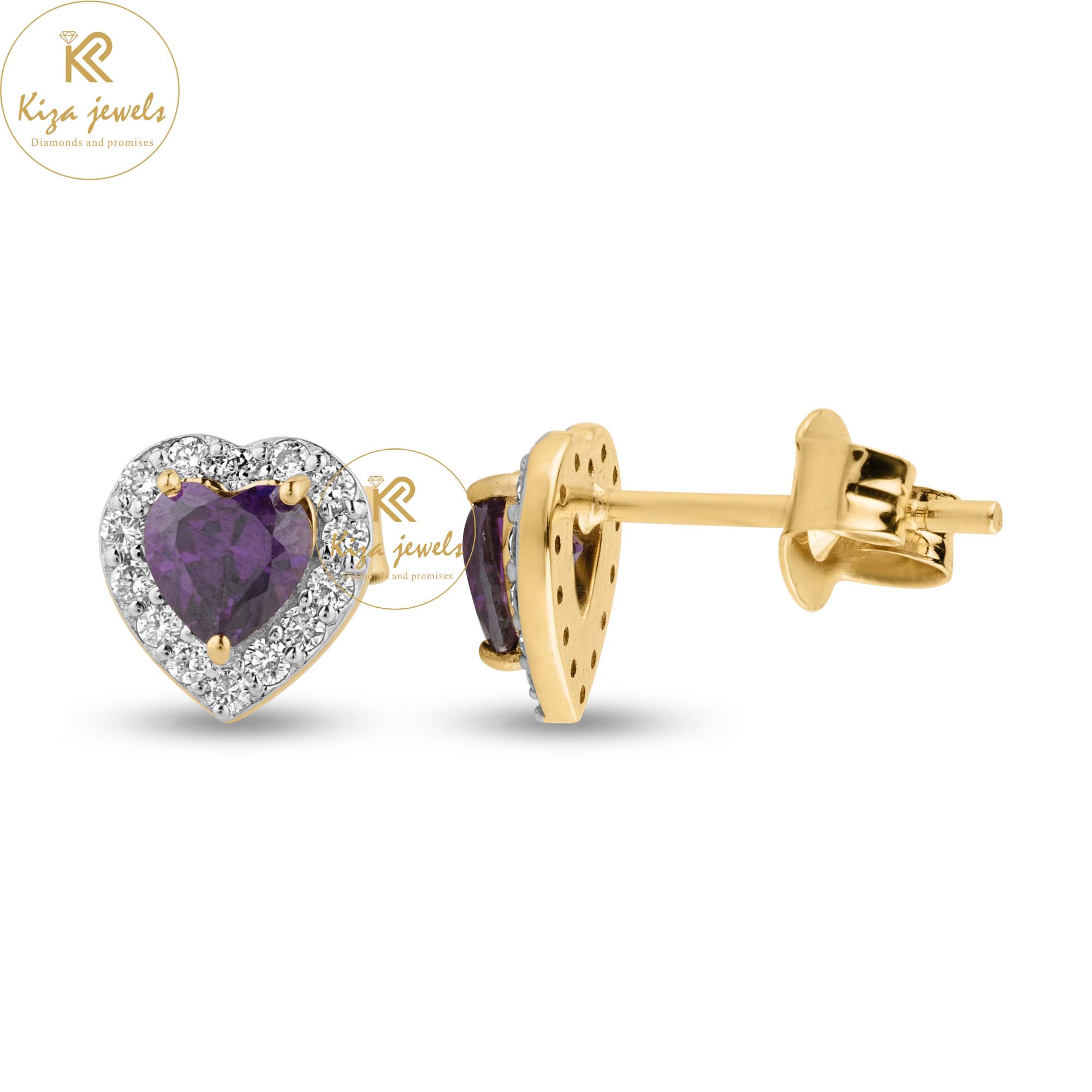 0.72 TDW F.P. Heart Gemstone & Round Cut Diamond Stud Earring