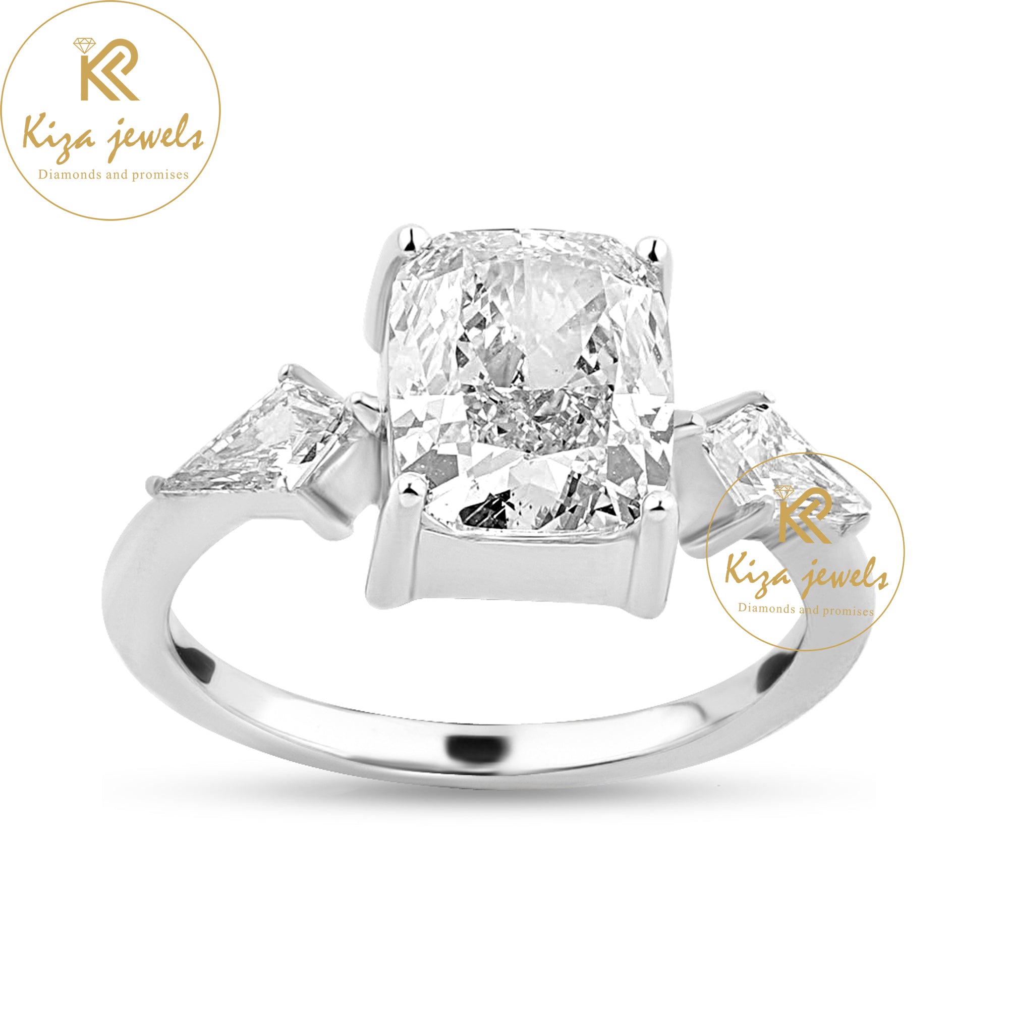 4.85 TDW Cushion & Kite Cut Diamond Ring Women's Three Stone Diamond Ring