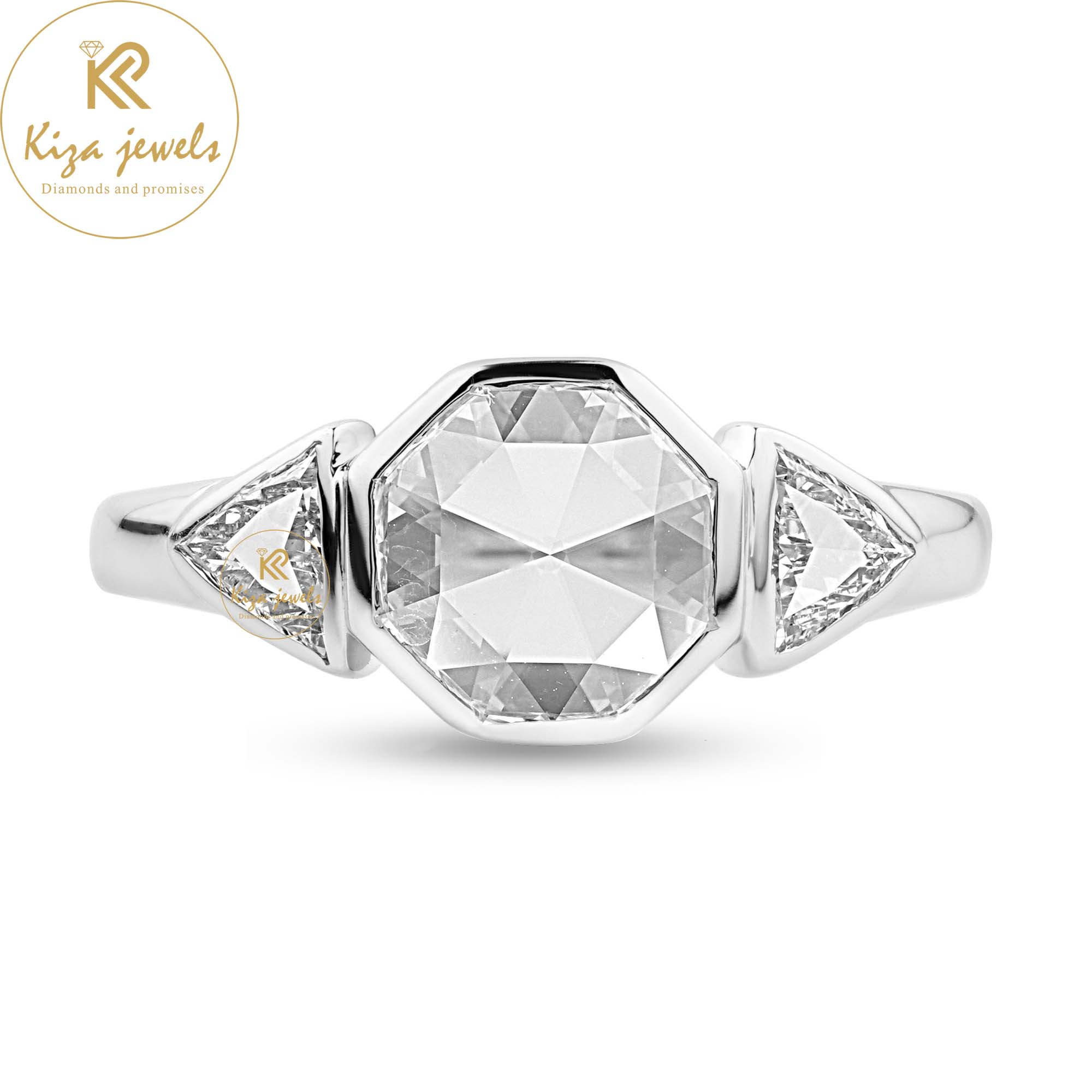 1.35 TDW Hexagon & Triangle Rose Cut Women's Three Stone Diamond Ring