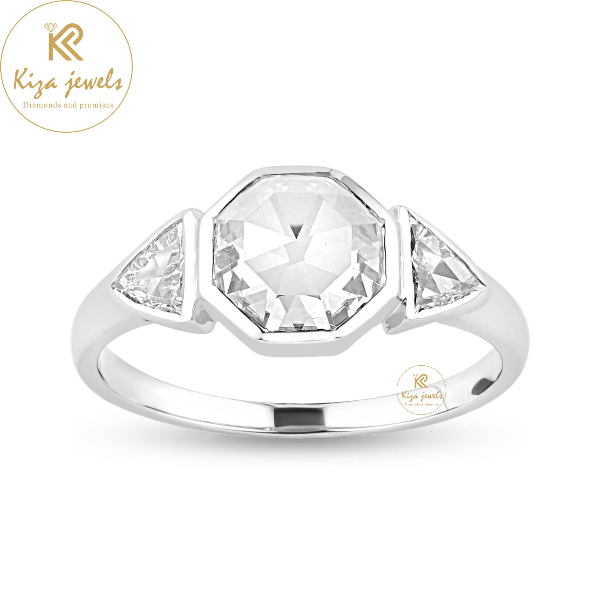 1.35 TDW Hexagon & Triangle Rose Cut Women's Three Stone Diamond Ring