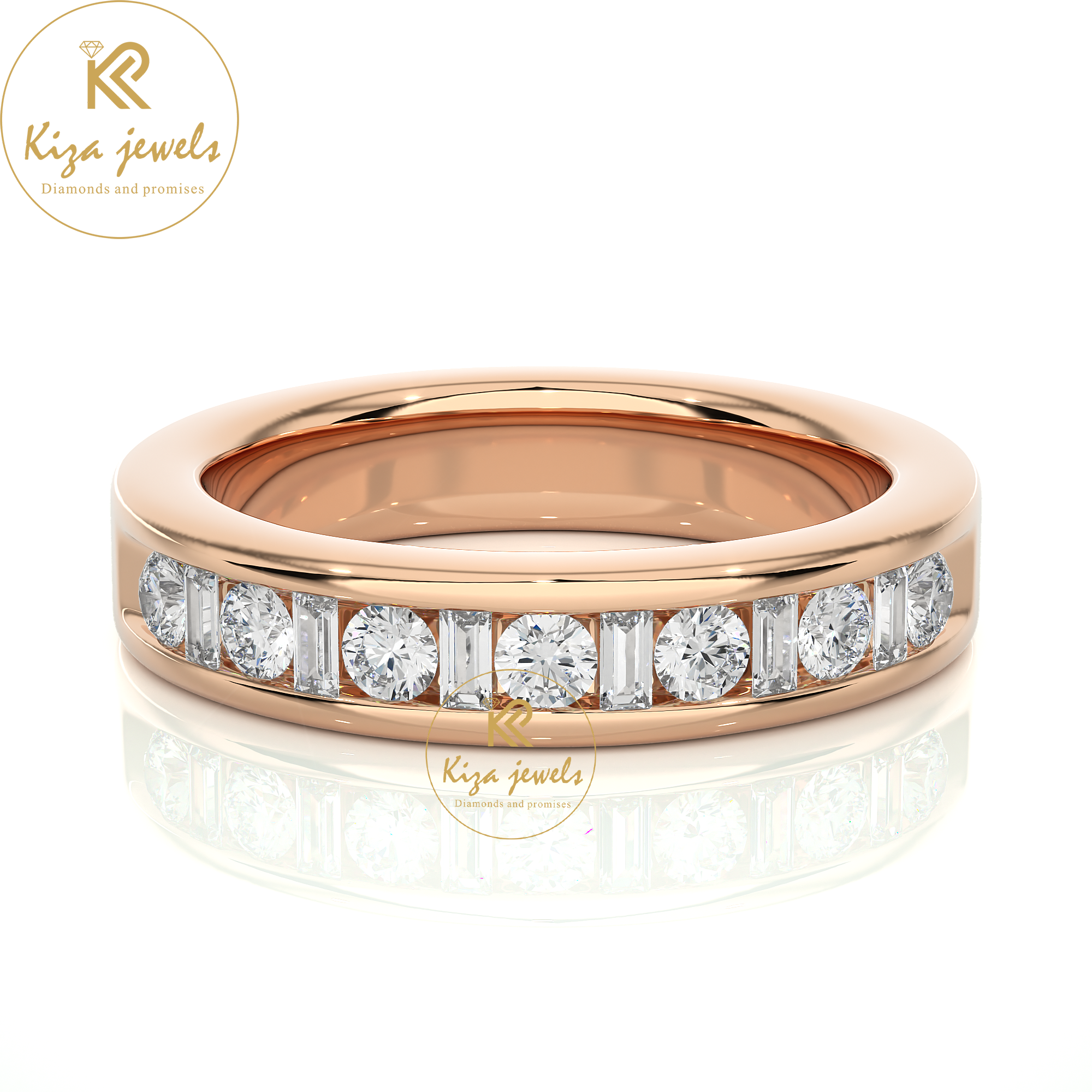 0.52 TDW Round & Baguette Cut Women's Diamond Band Ring