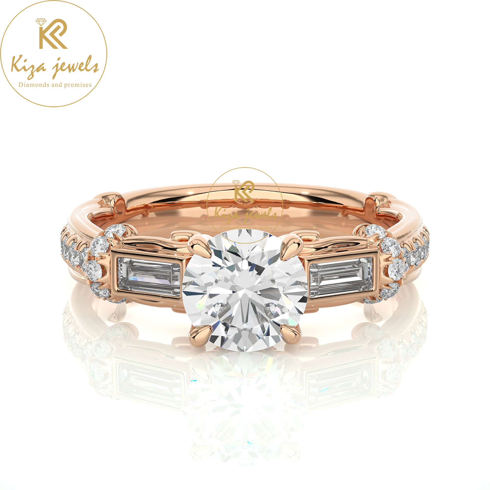 1.50 TDW Round & Baguette Cut Women's Engagement Diamond Ring