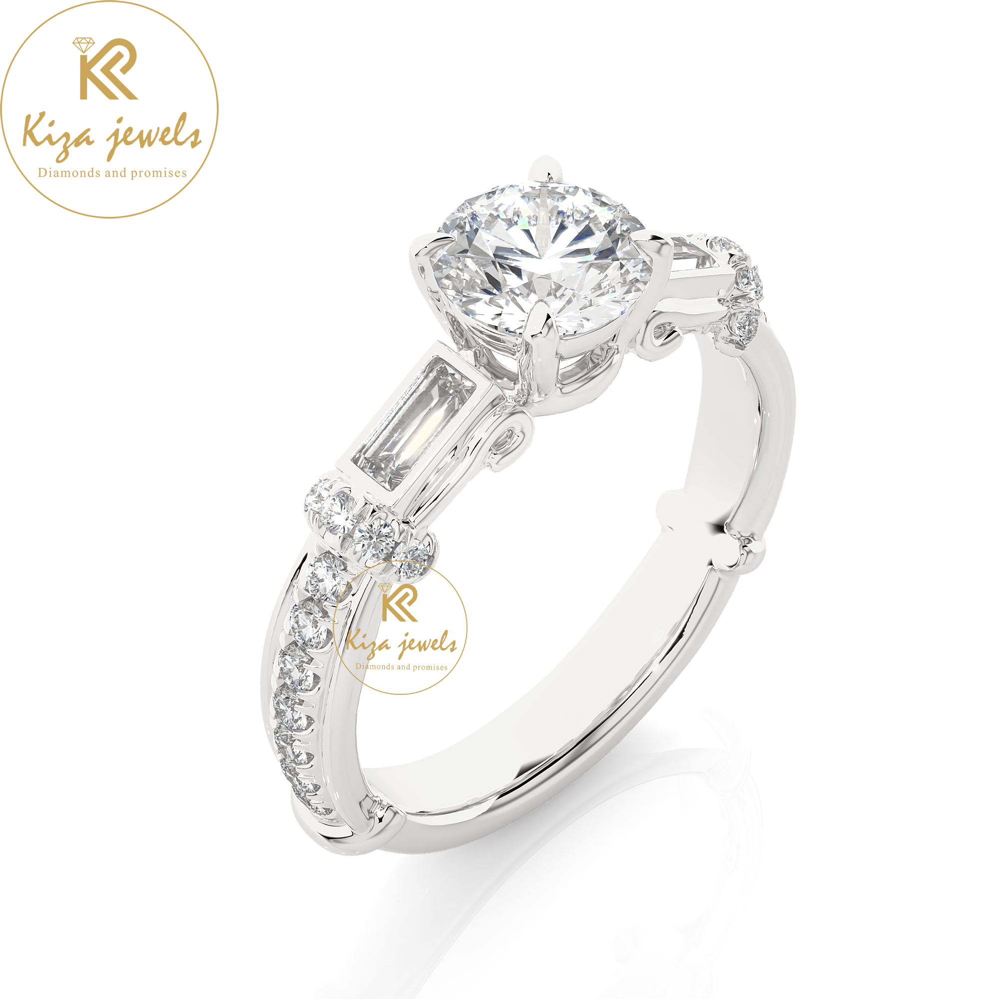 1.50 TDW Round & Baguette Cut Women's Engagement Diamond Ring