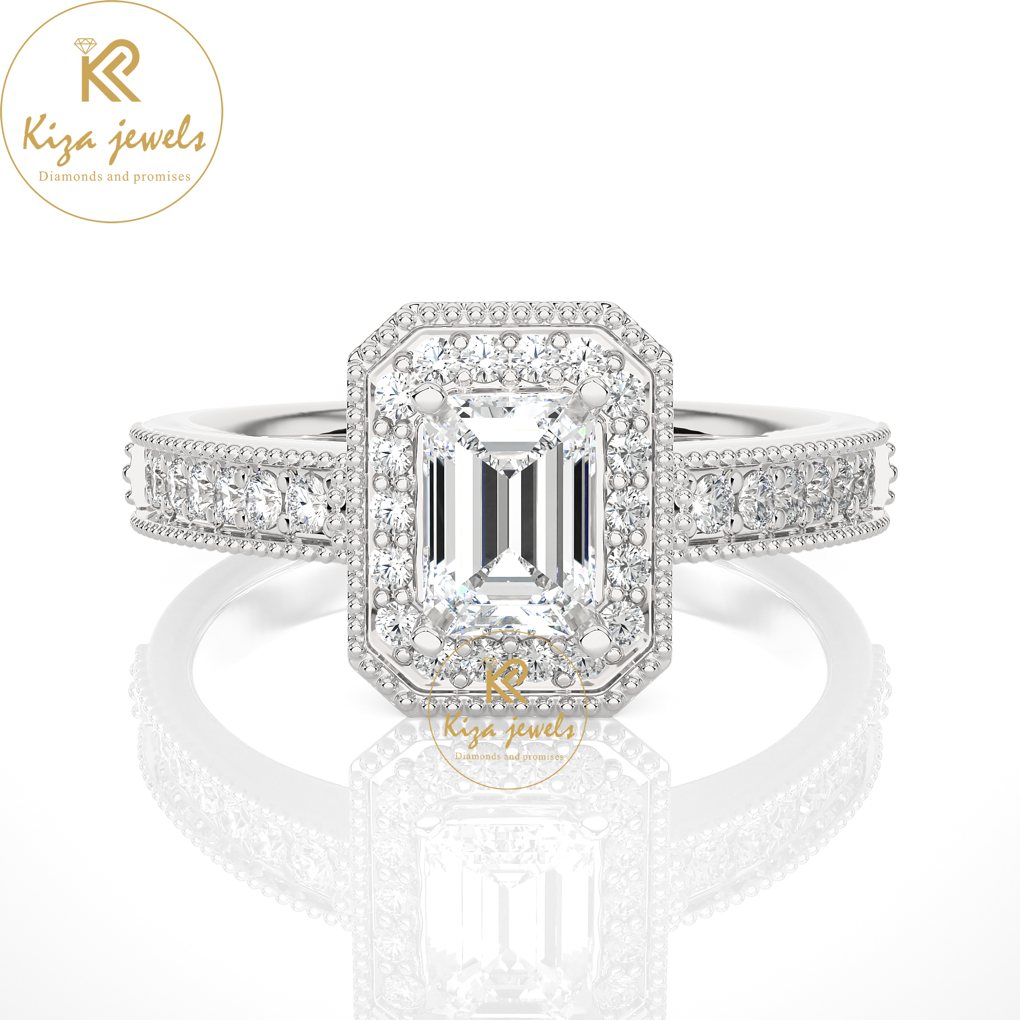 1.07 TDW Round & Emerald Cut Women's Halo Diamond Ring