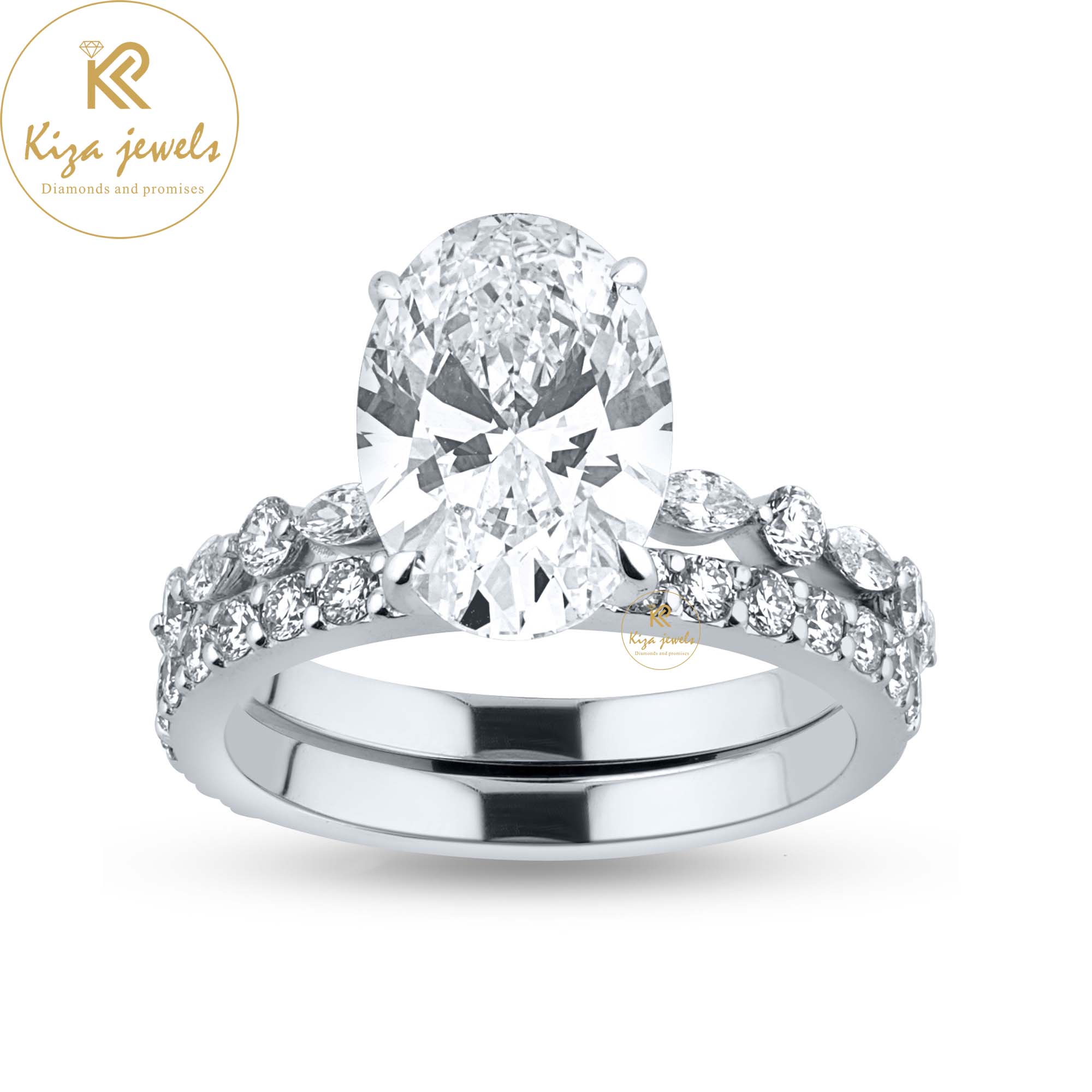 3.205 TDW Oval,Marquise&Round Cut Diamond Ring With band