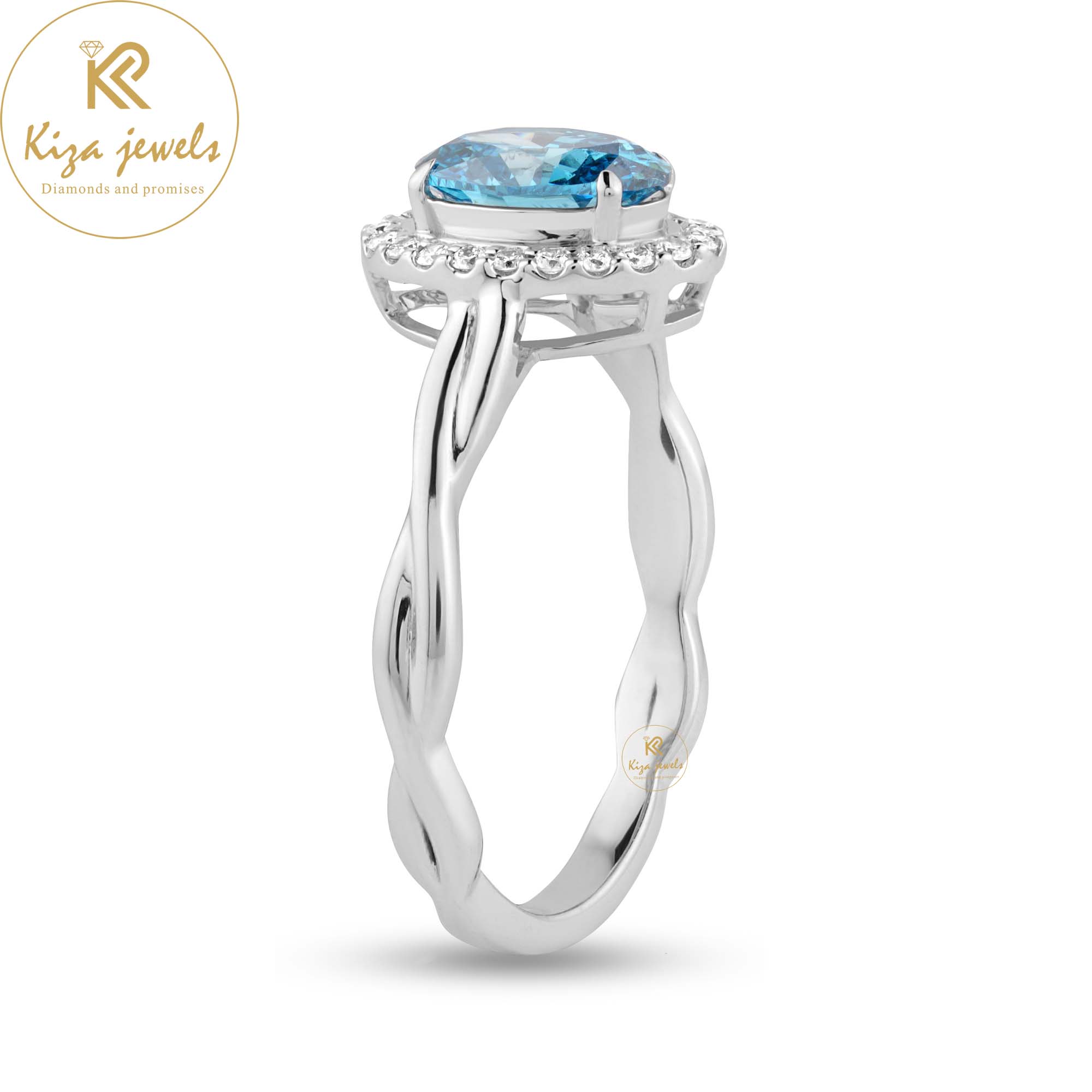 1.07 TDW Fancy Blue Oval & Round Cut Diamond Halo Ring