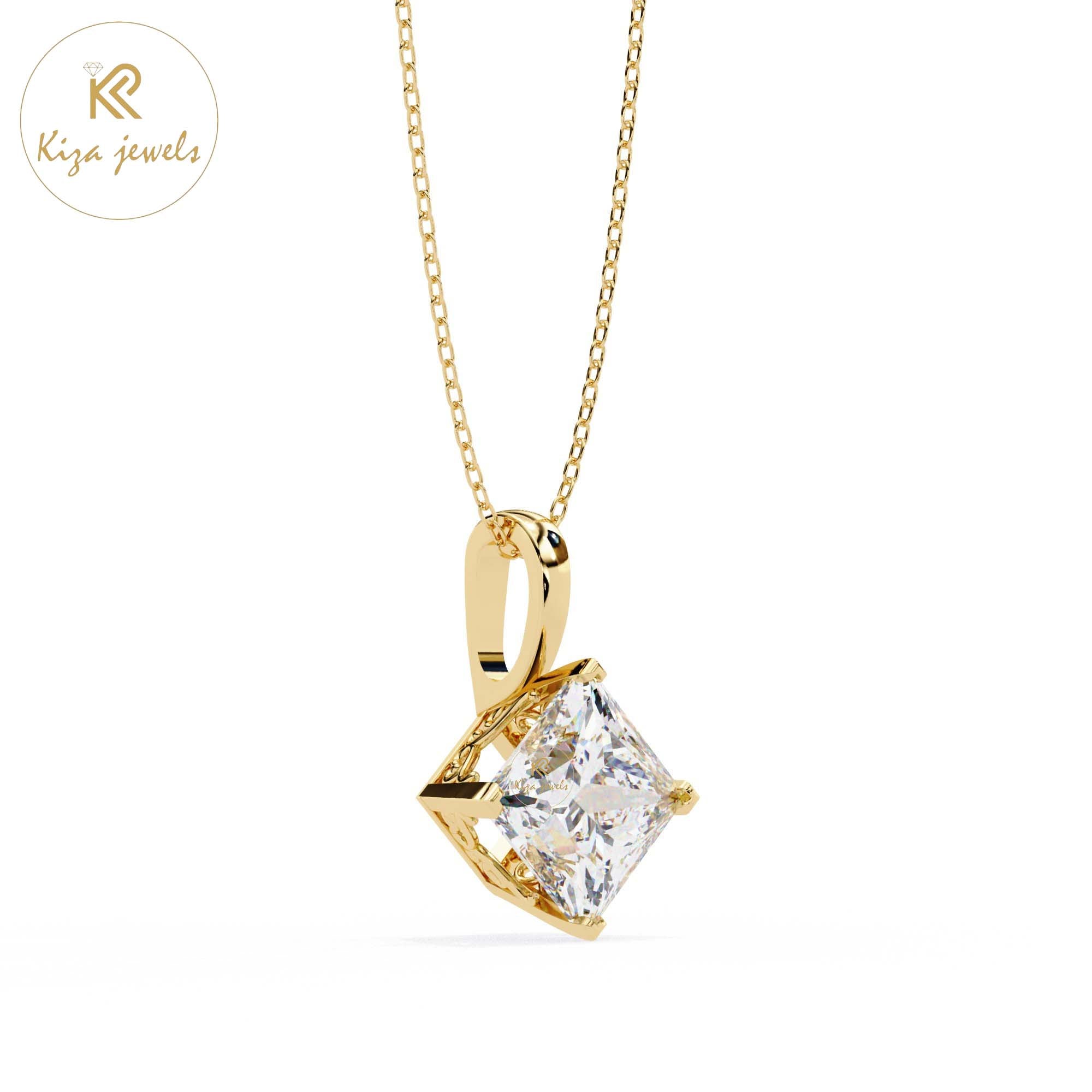 2.87 TDW Princess Cut Diamond Solitaire Pendant With Chain