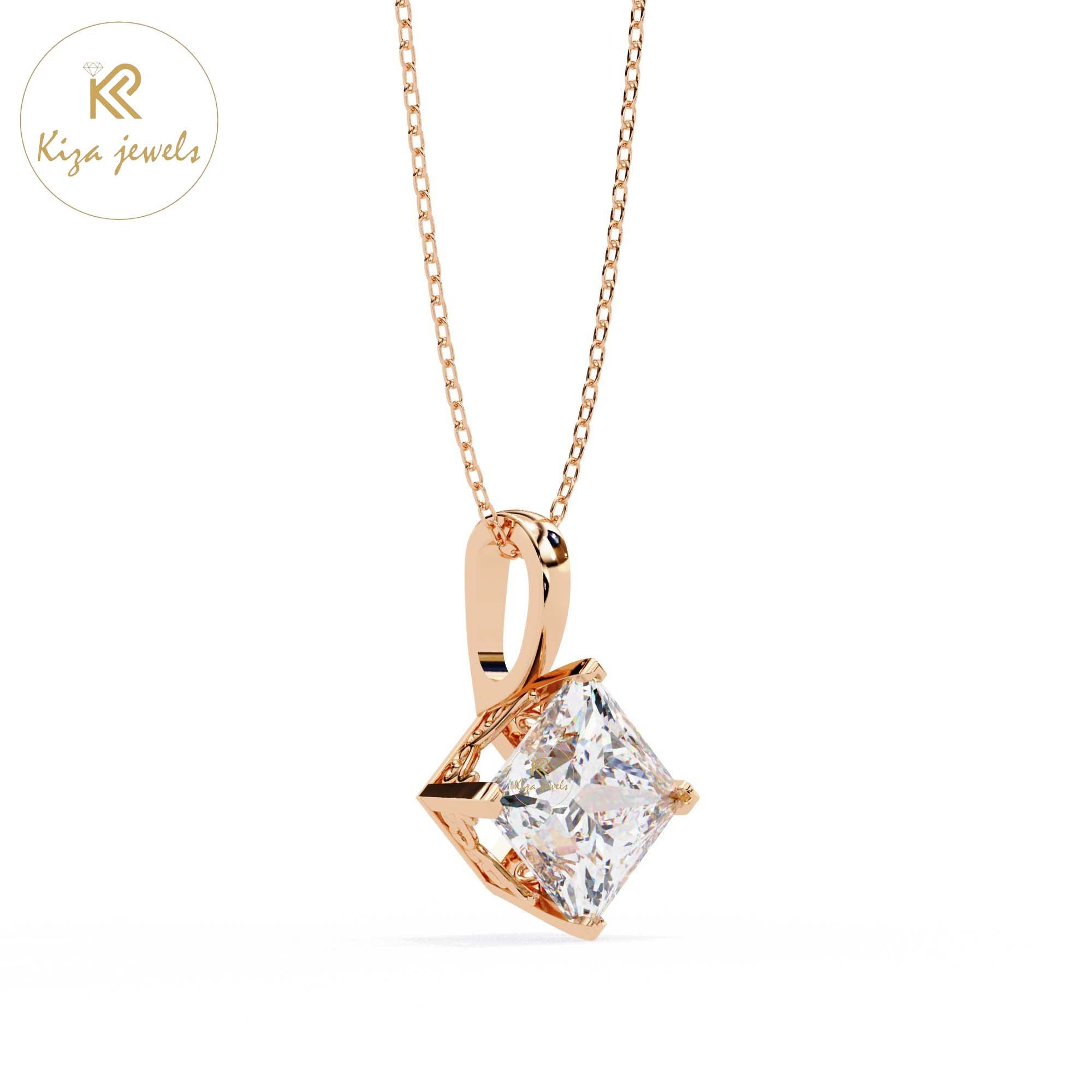 2.87 TDW Princess Cut Diamond Solitaire Pendant With Chain