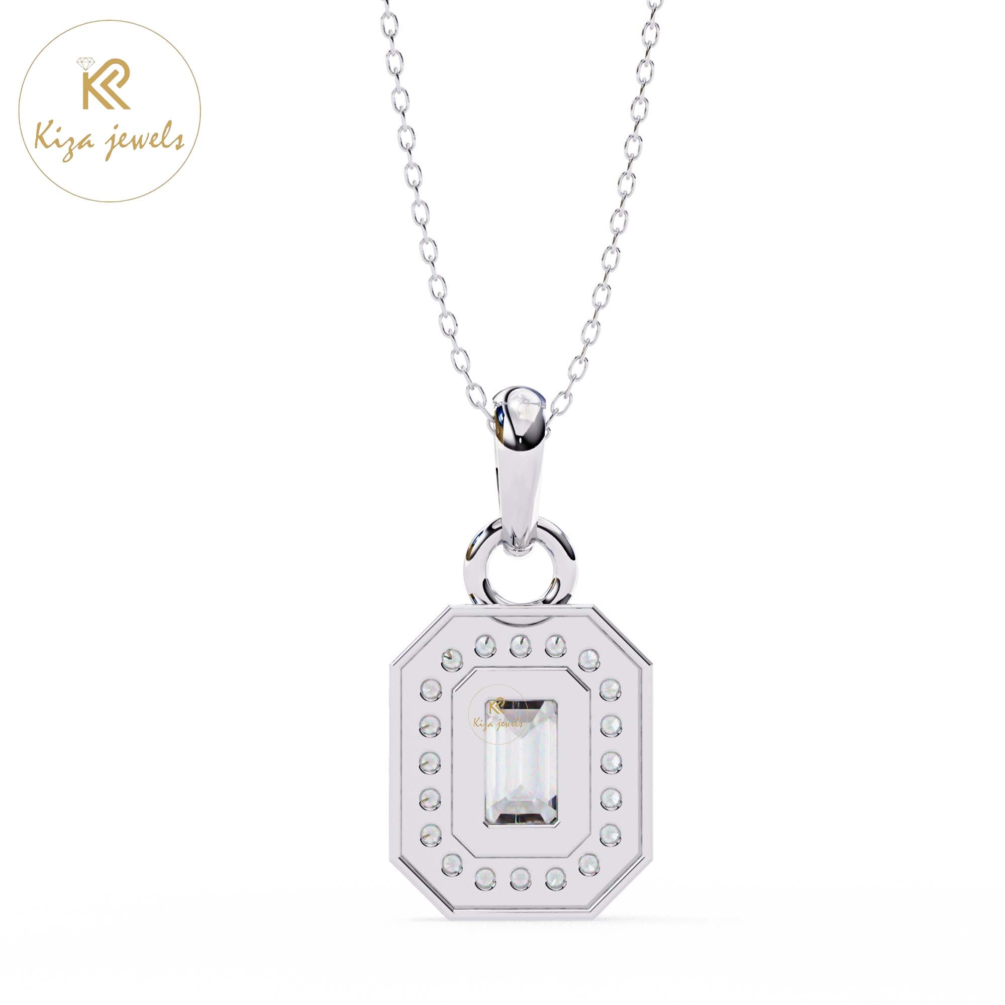 0.93 TDW Emerald & Round Cut Diamond Custom Pendant With Chain