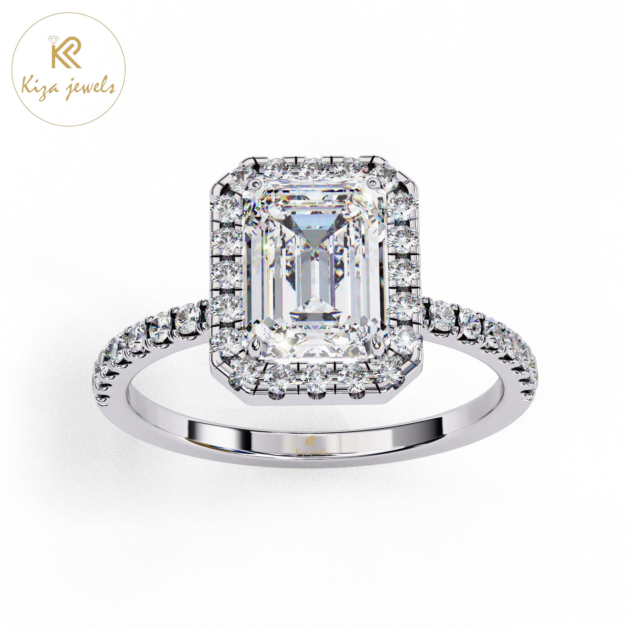 2.01 TDW Round & Emerald Cut Women's Diamond Halo Ring