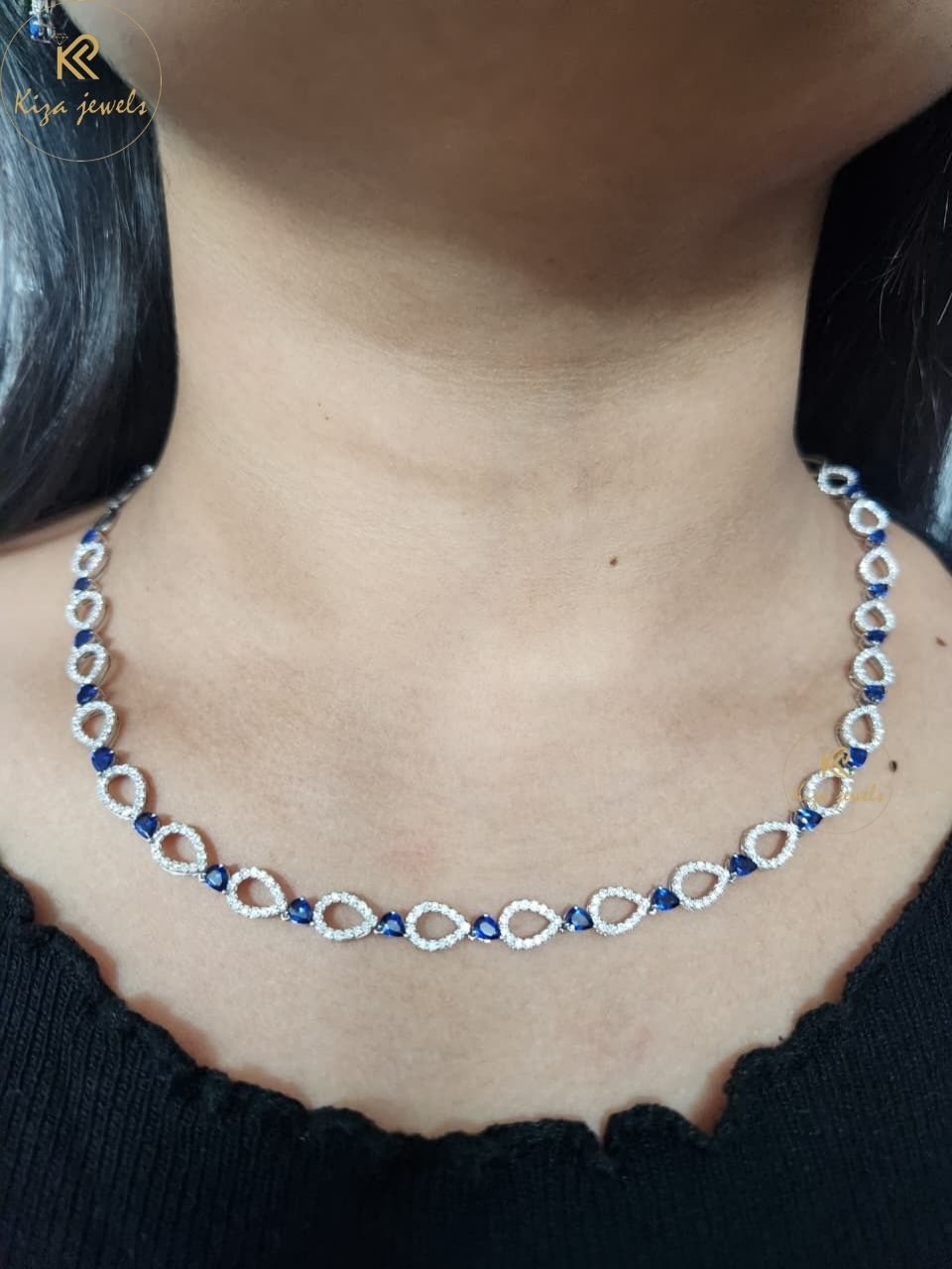 3.059 TDW Blue Pear Gemstone & Round Diamond Charm Necklace Set