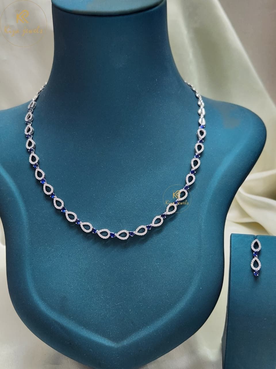 3.059 TDW Blue Pear Gemstone & Round Diamond Charm Necklace Set
