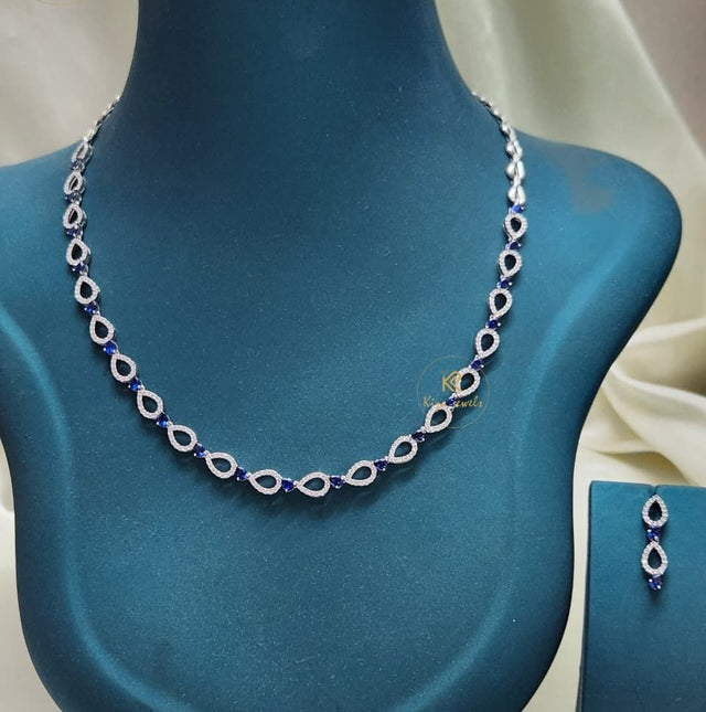 3.059 TDW Blue Pear Gemstone & Round Diamond Charm Necklace Set