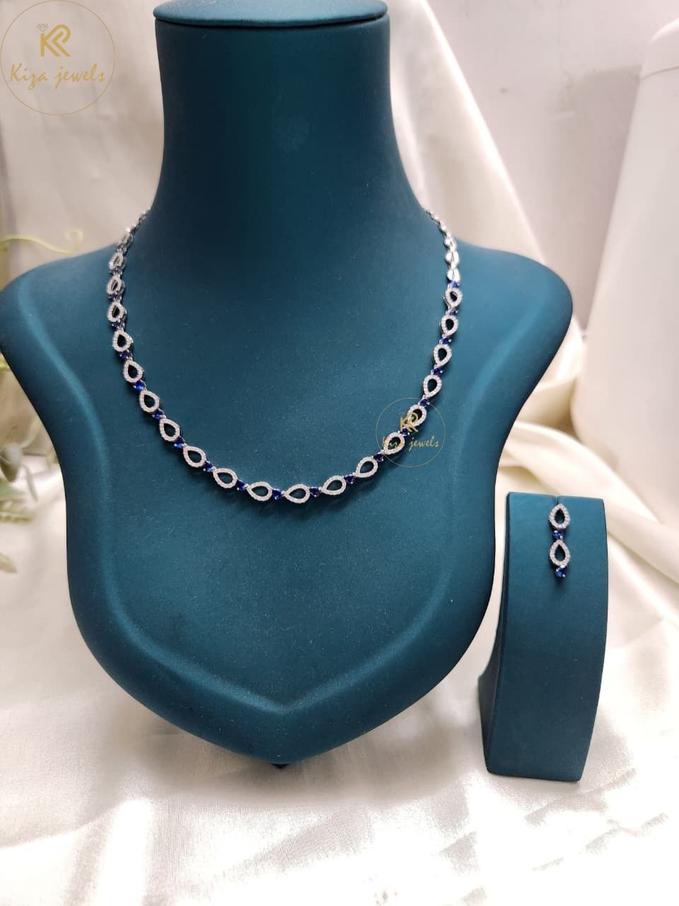 3.059 TDW Blue Pear Gemstone & Round Diamond Charm Necklace Set