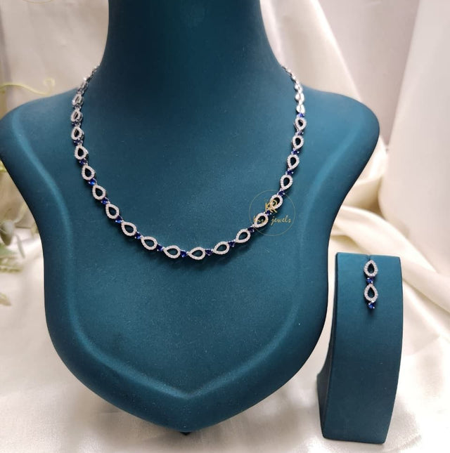 3.059 TDW Blue Pear Gemstone & Round Diamond Charm Necklace Set