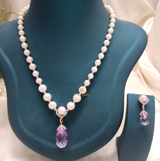 1.005 TDW Purple Pearl & Round Cut Diamond Charm Necklace Set