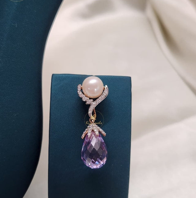 1.005 TDW Purple Pearl & Round Cut Diamond Charm Necklace Set