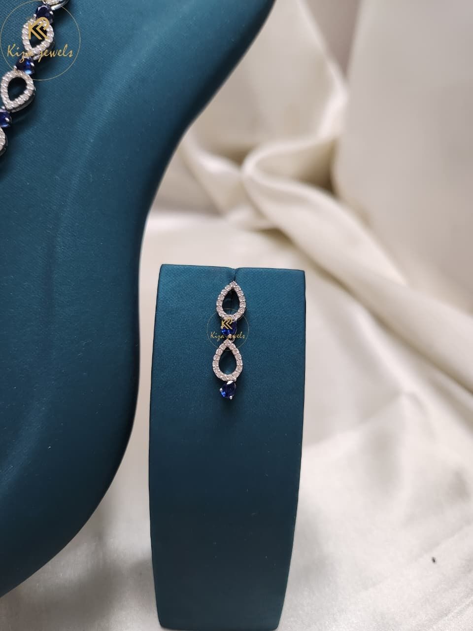 3.059 TDW Blue Pear Gemstone & Round Diamond Charm Necklace Set