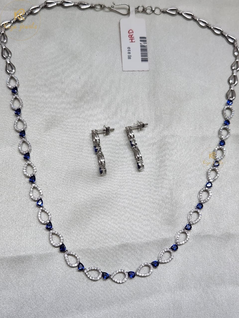 3.059 TDW Blue Pear Gemstone & Round Diamond Charm Necklace Set